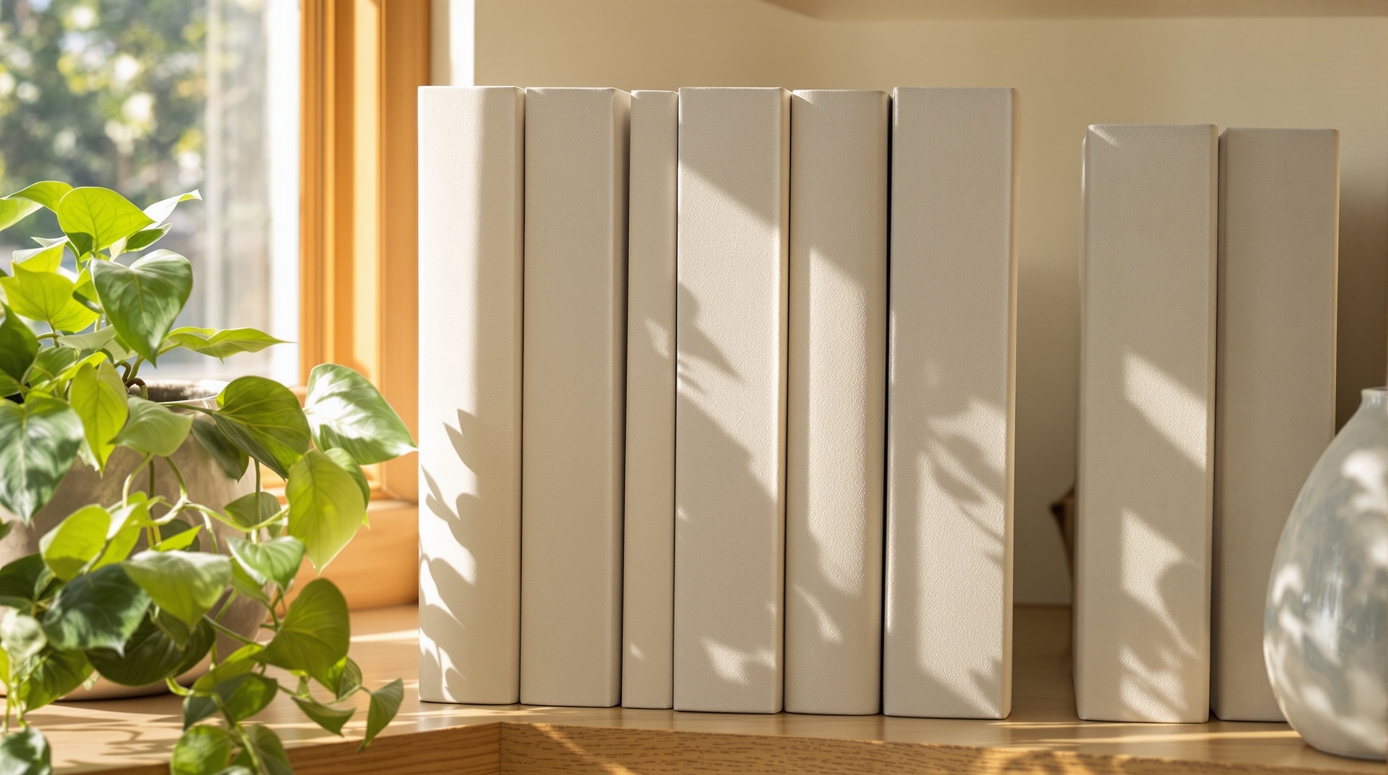 A row of plain cream photo albums standing on a sunlit oak shelf beside a trailing pothos plant