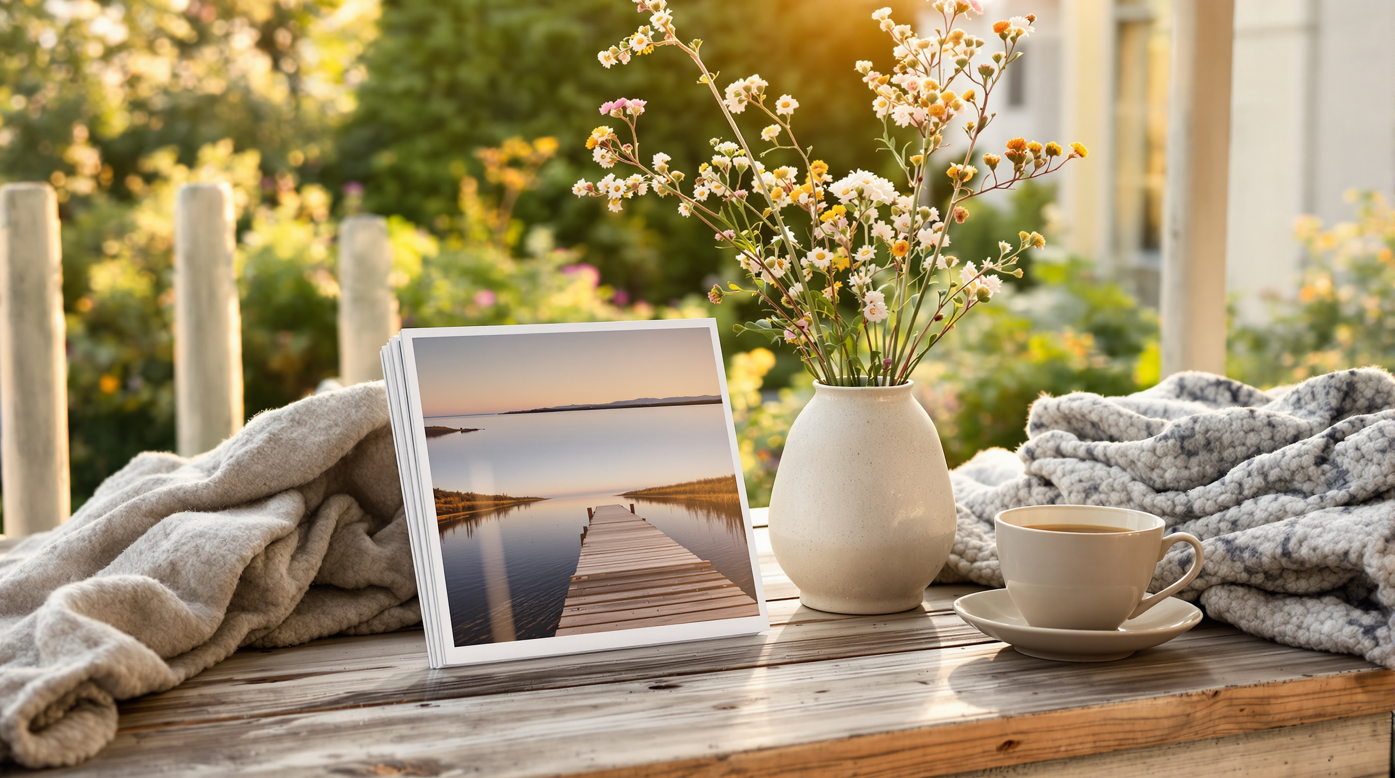 A lakeside jetty print propped on a sunlit porch table beside a vase of wildflowers and a cup of tea