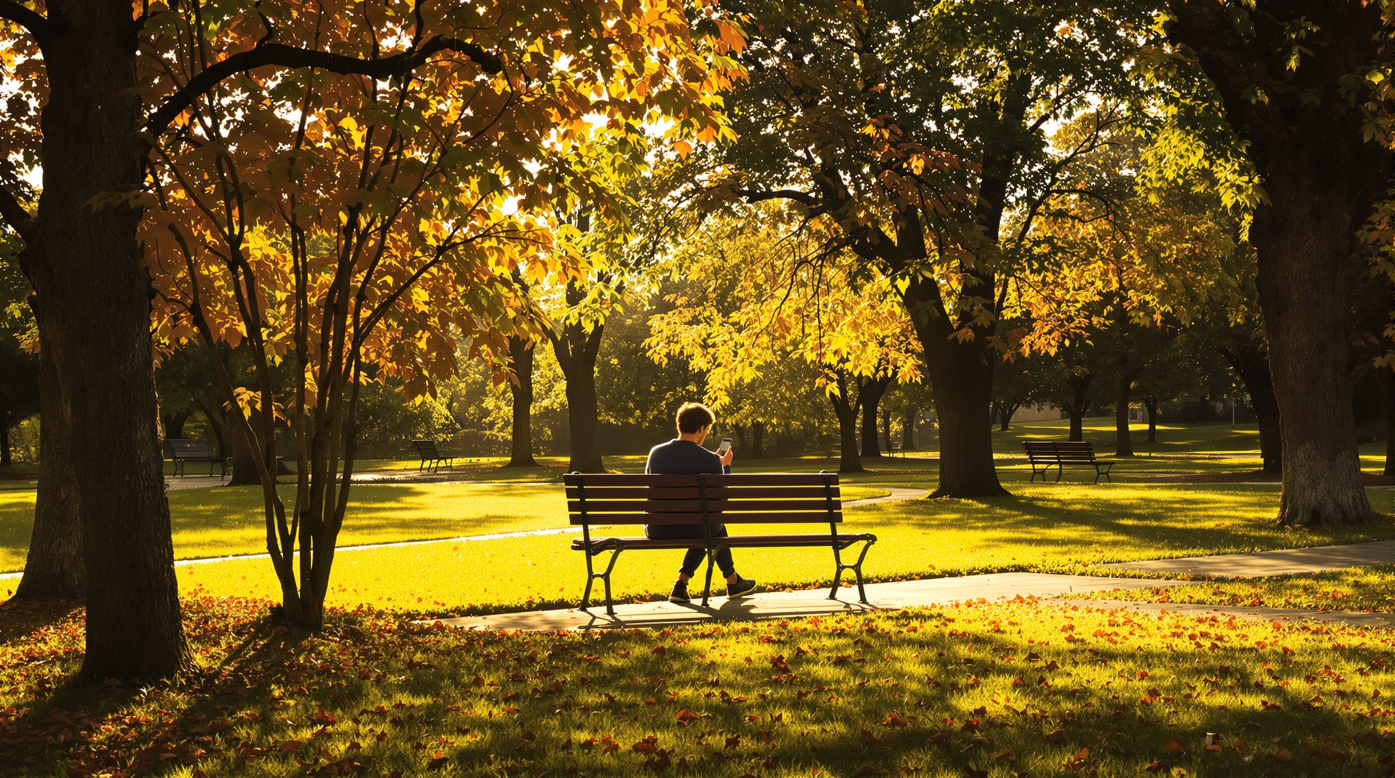 A person sitting on a park bench looking at a phone, late afternoon light filtering through trees, wide environmental shot