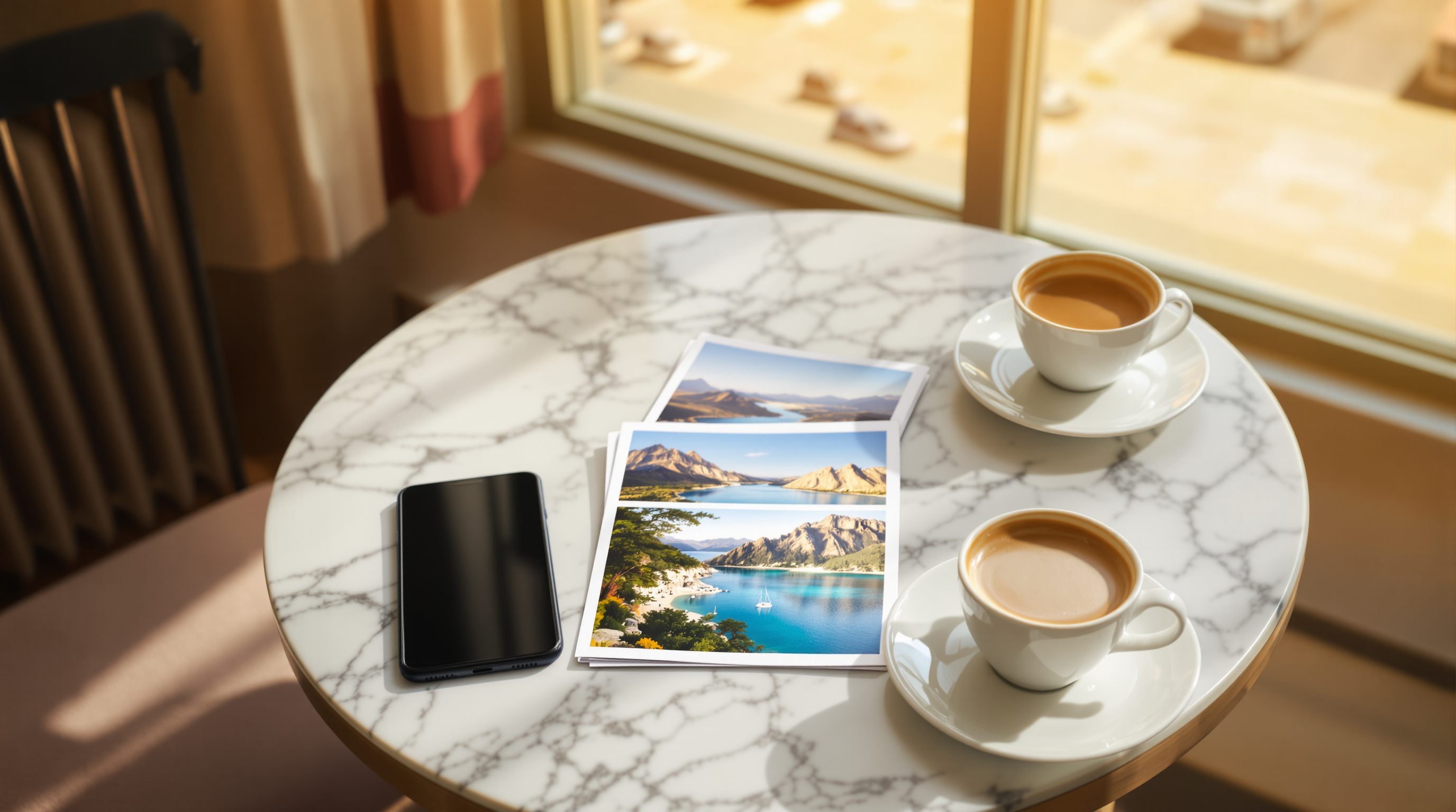 A phone beside a small stack of mountain lake travel prints and two cups of coffee on a sunlit marble cafe table