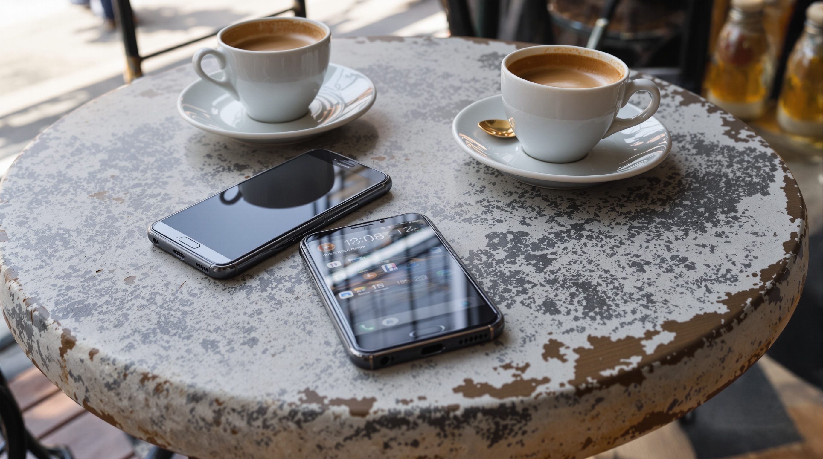 Two Android phones lying on a concrete cafe table with espresso cups, morning sidelight, shallow depth of field
