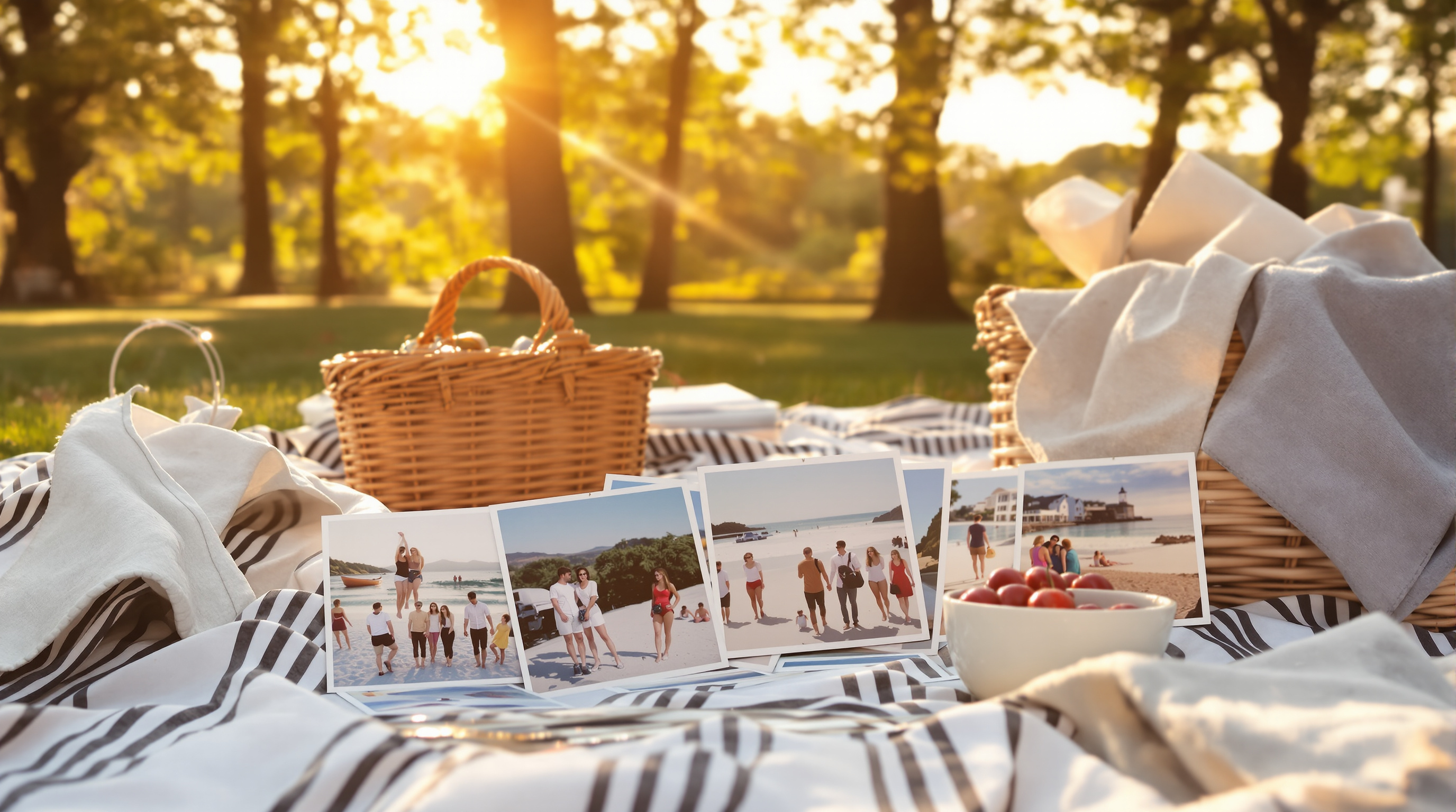 Beach photo prints spread on a striped picnic blanket beside wicker baskets and a bowl of cherries in a sunny park