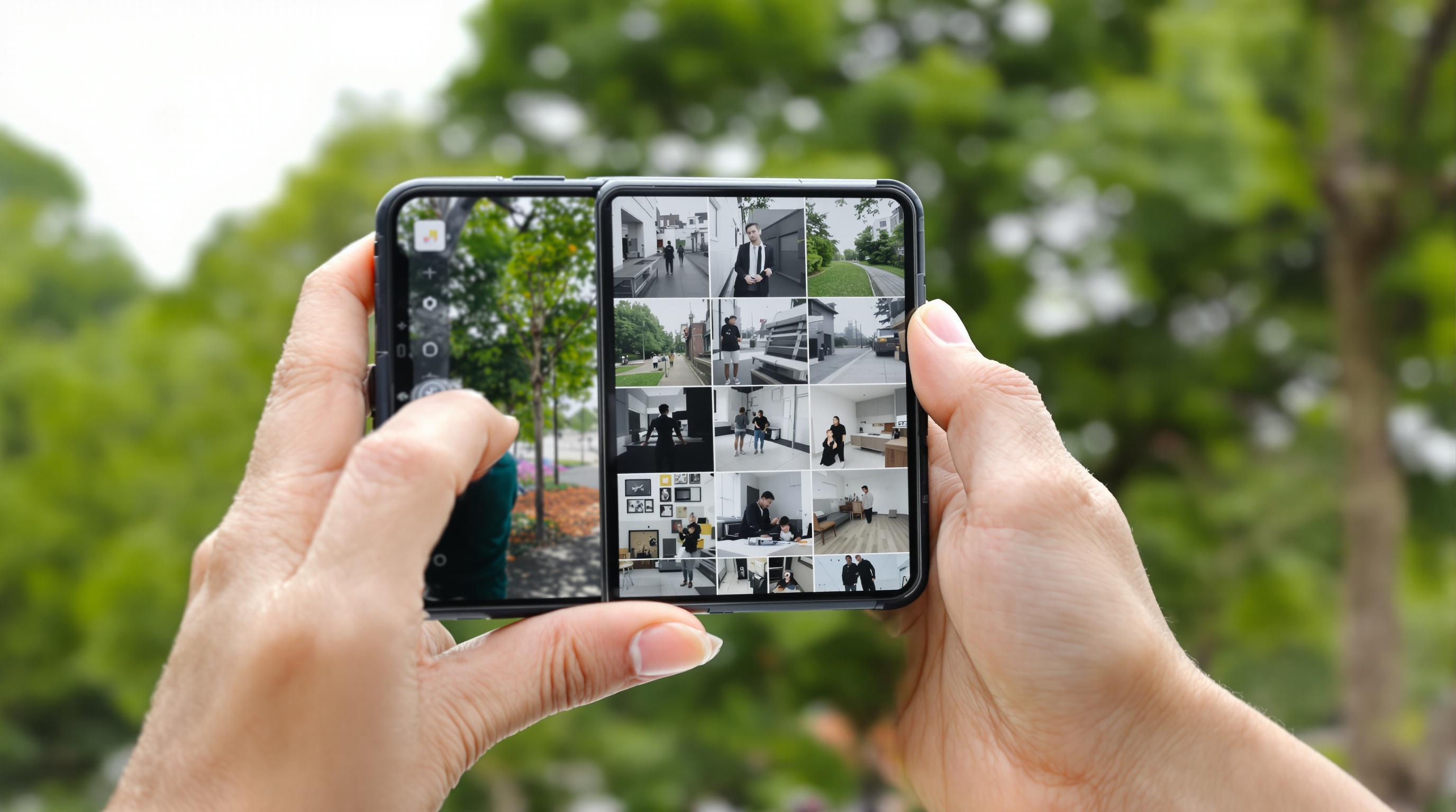 Close-up of hands holding a smartphone showing a photo gallery, outdoor park setting with bokeh greenery