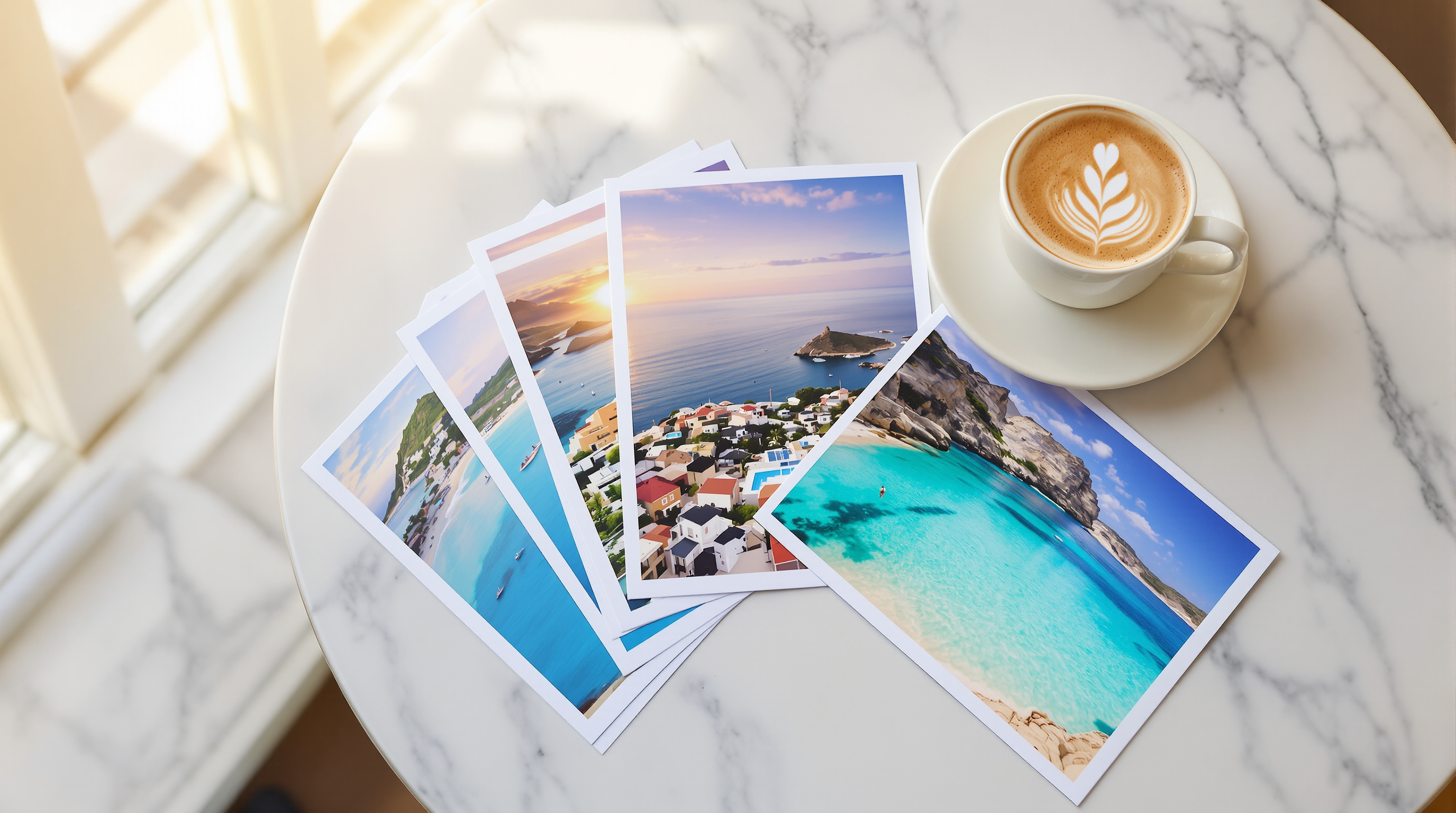 A fan of seaside travel prints on a round marble cafe table beside a cappuccino in window sunlight