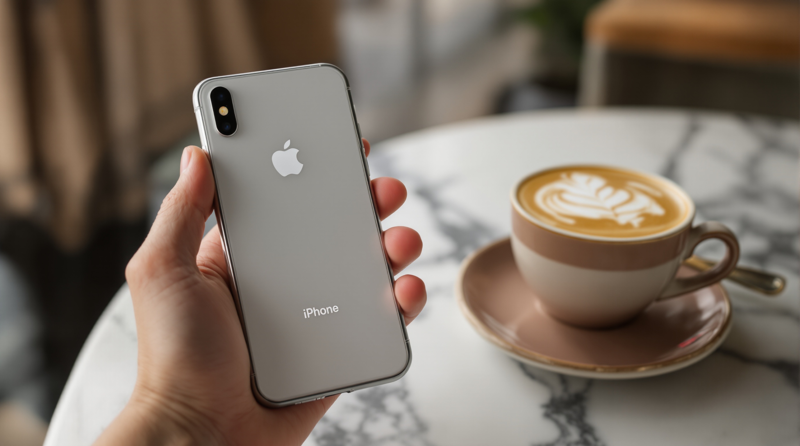 An iPhone resting on a wooden surface next to a coffee cup, its screen showing a photo gallery with sunlit landscape images