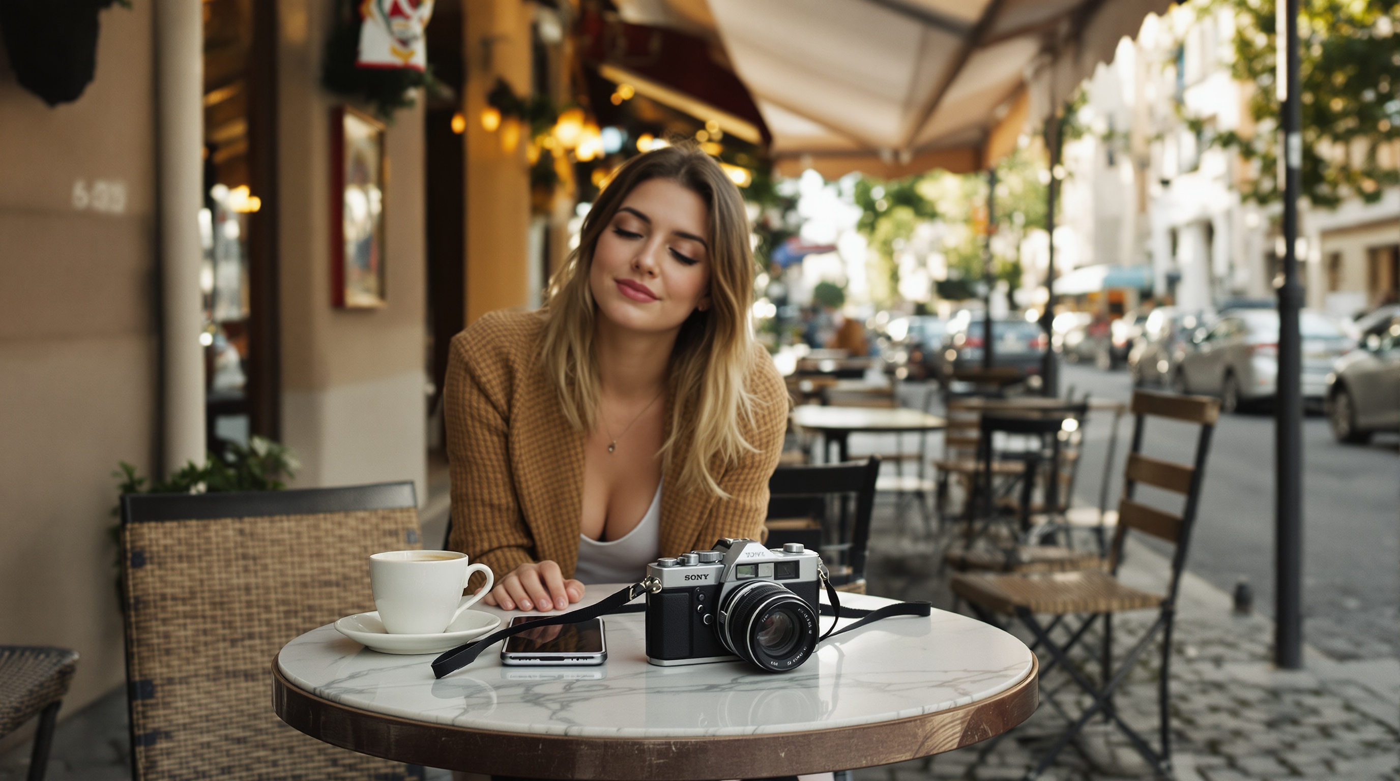A traveler sitting at an outdoor European café table with a vintage film camera and phone, golden hour light filtering through an awning
