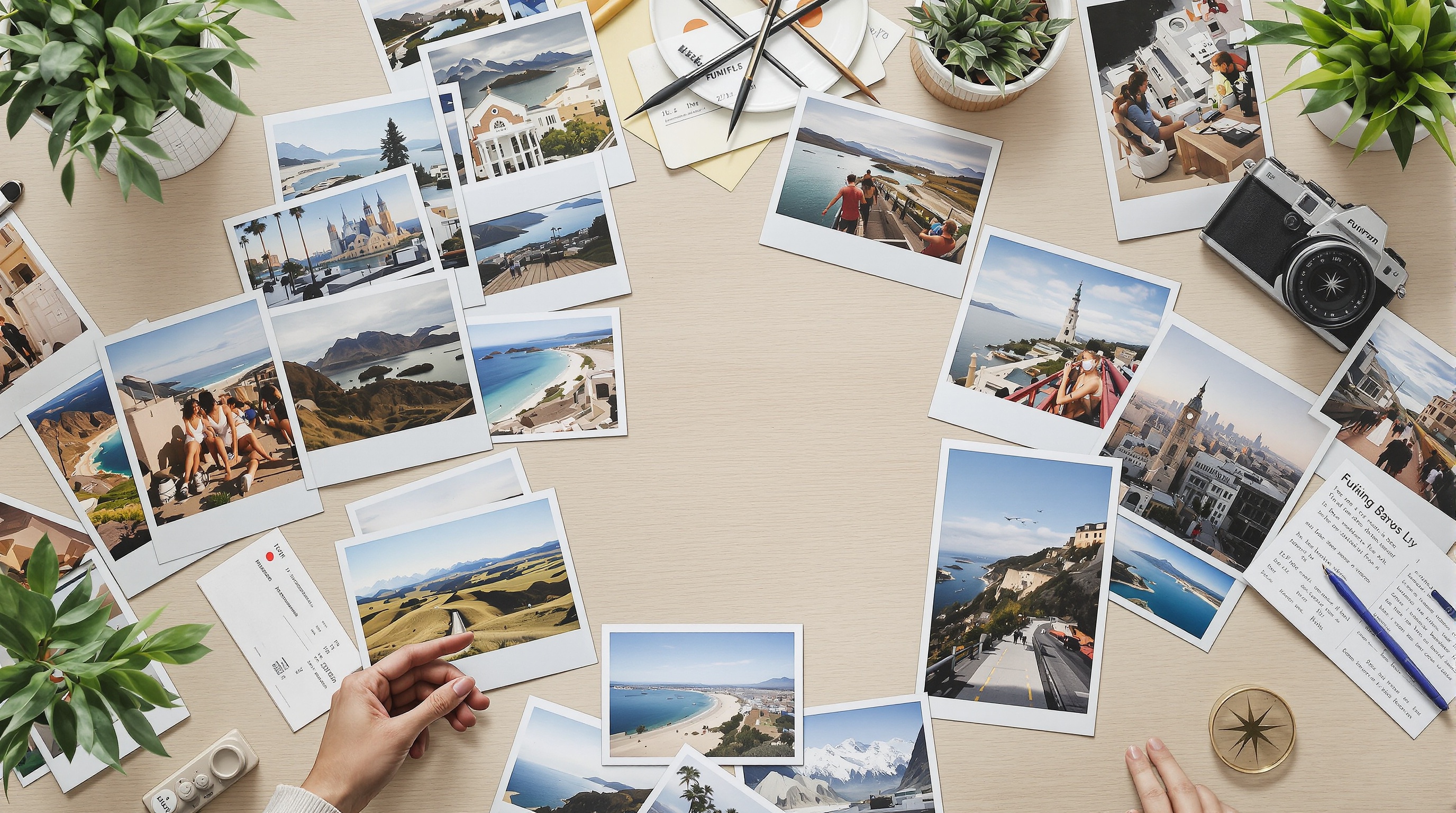 Overhead view of printed travel photographs scattered on a wooden table with a compass and boarding pass