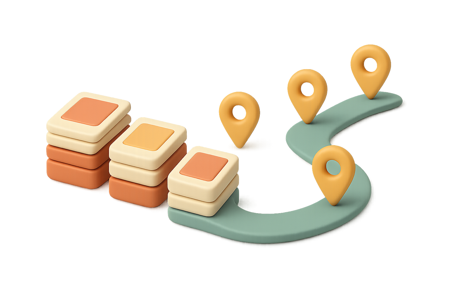 Illustration of three separate stacks of photo prints feeding into one long curved sage-teal ribbon dotted with amber place markers, in a matte rounded style