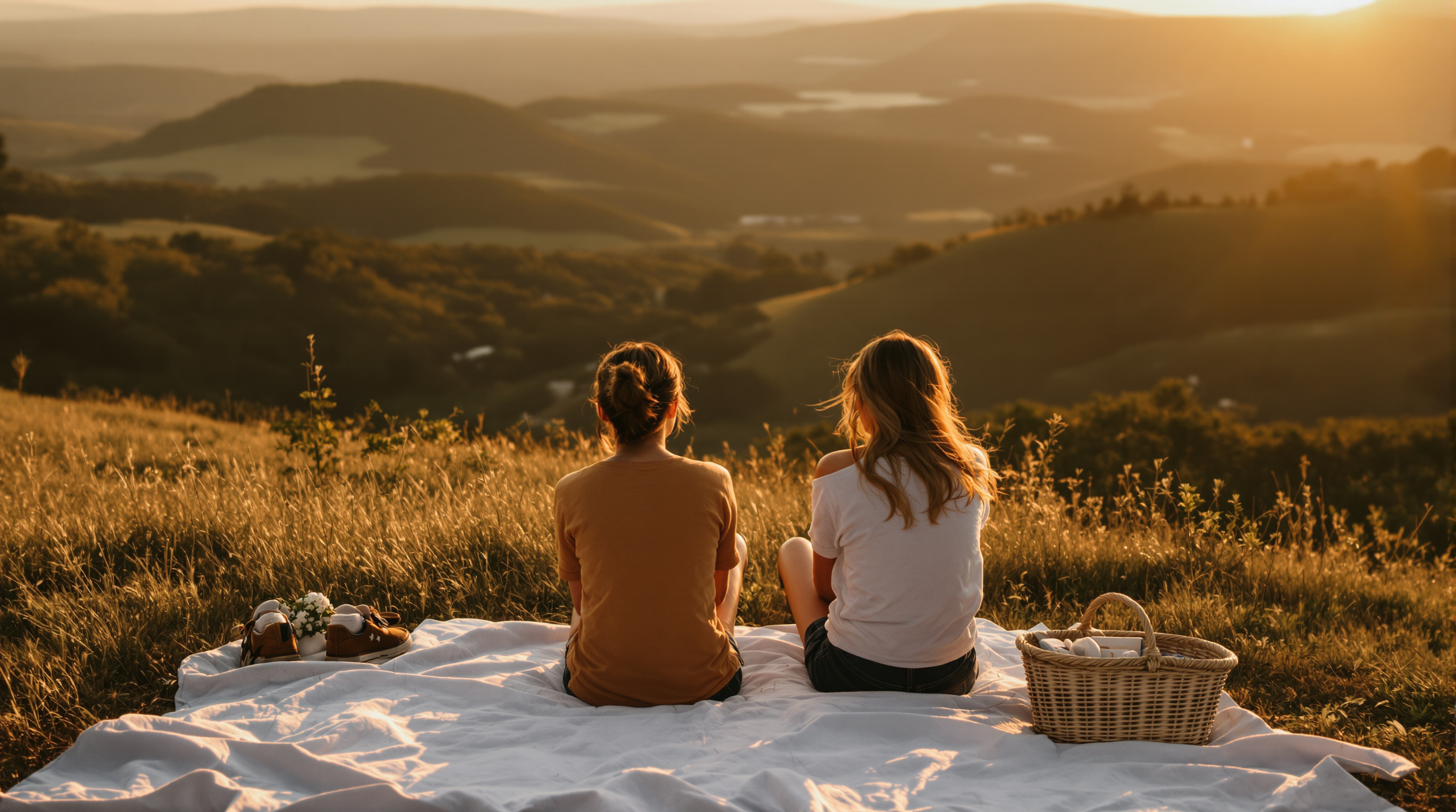 Two friends on a white blanket on a grassy hillside, seen from behind, looking out over a valley at golden hour