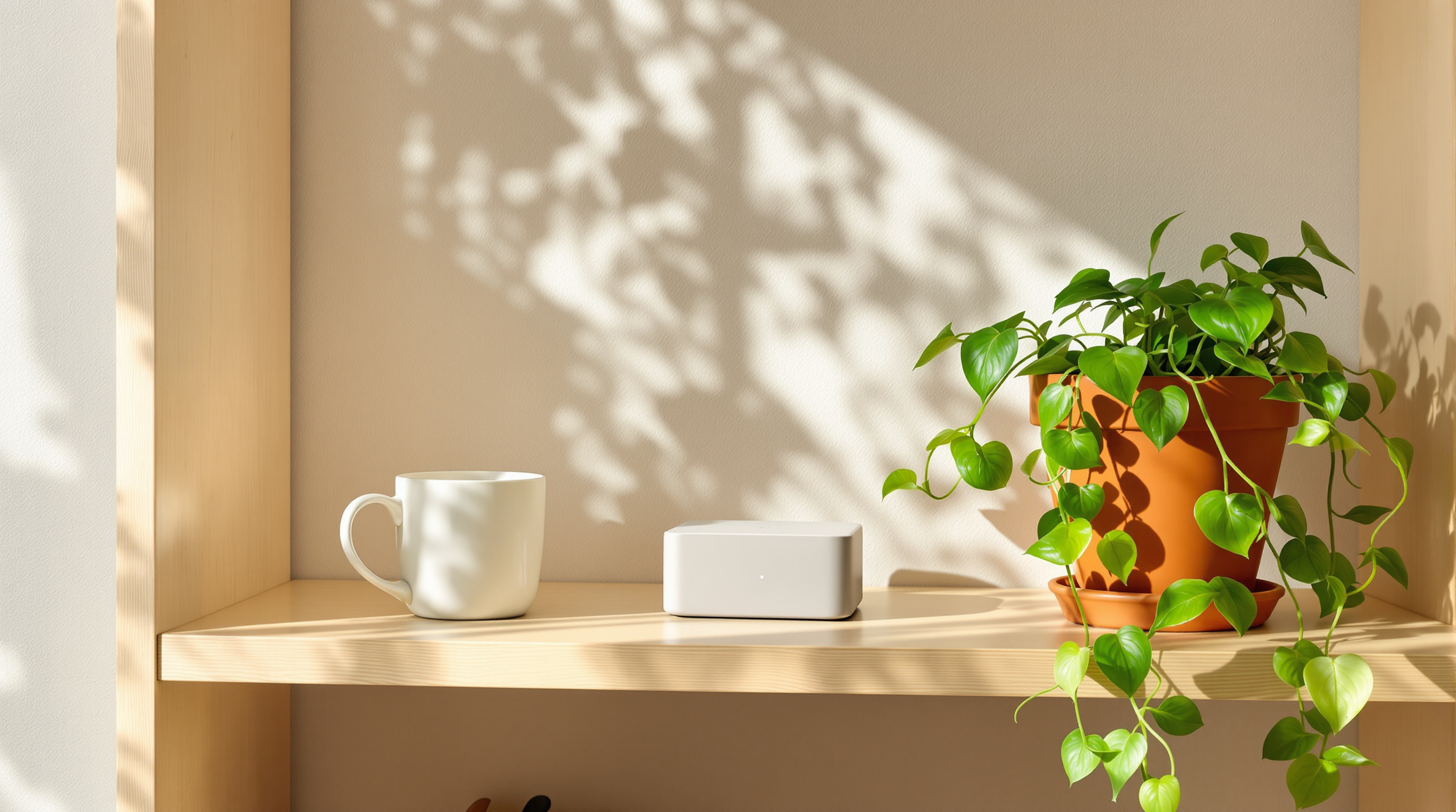 A small plain gray box on a home shelf beside a mug of tea and a trailing pothos plant in afternoon sun