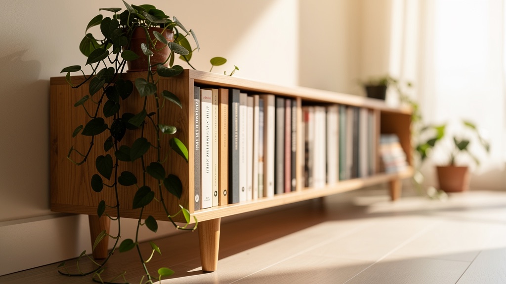 Archival photo storage boxes stacked on a birch shelf, the front box open to show upright card dividers and leaning prints