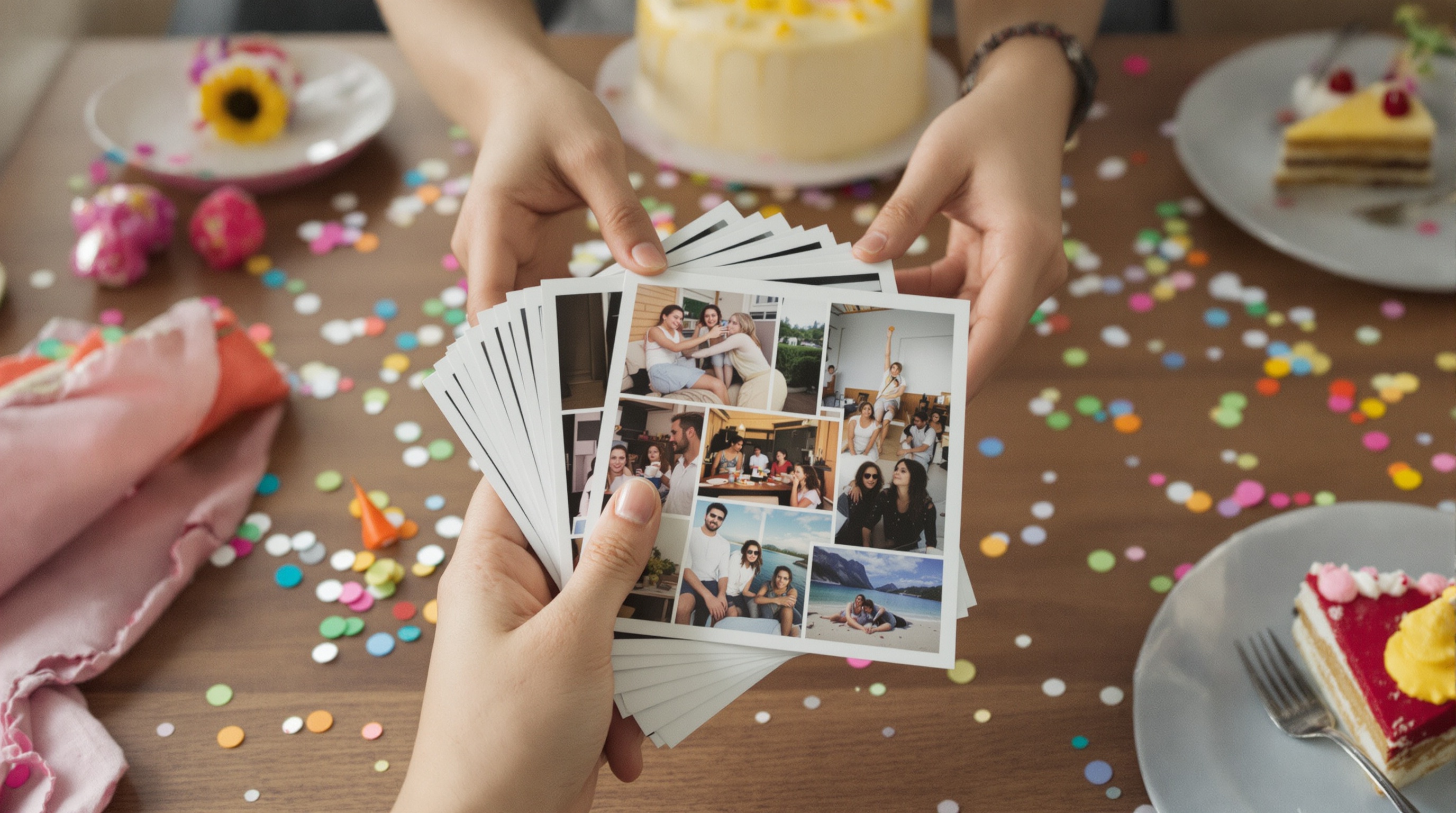 Hands holding a small stack of glossy printed photographs over a wooden table scattered with party confetti and cake