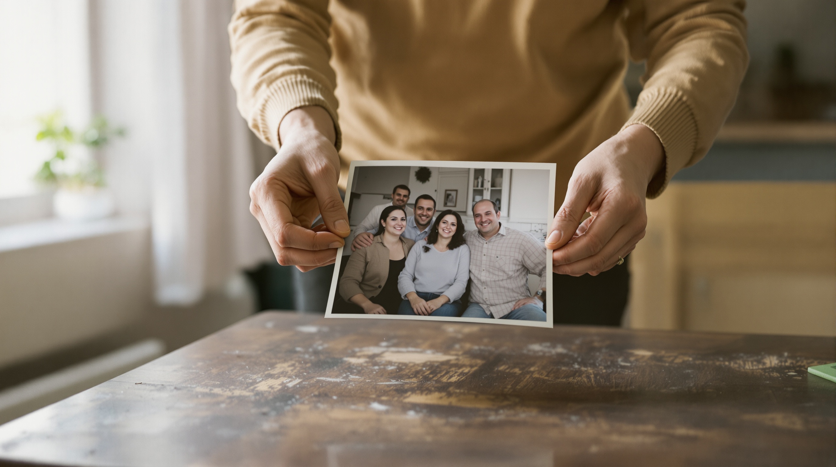 Hands holding a printed family photograph above a wooden kitchen table, soft window light from the left, slight film grain, shot on Fujifilm X-T5 with 56mm f/1.2
