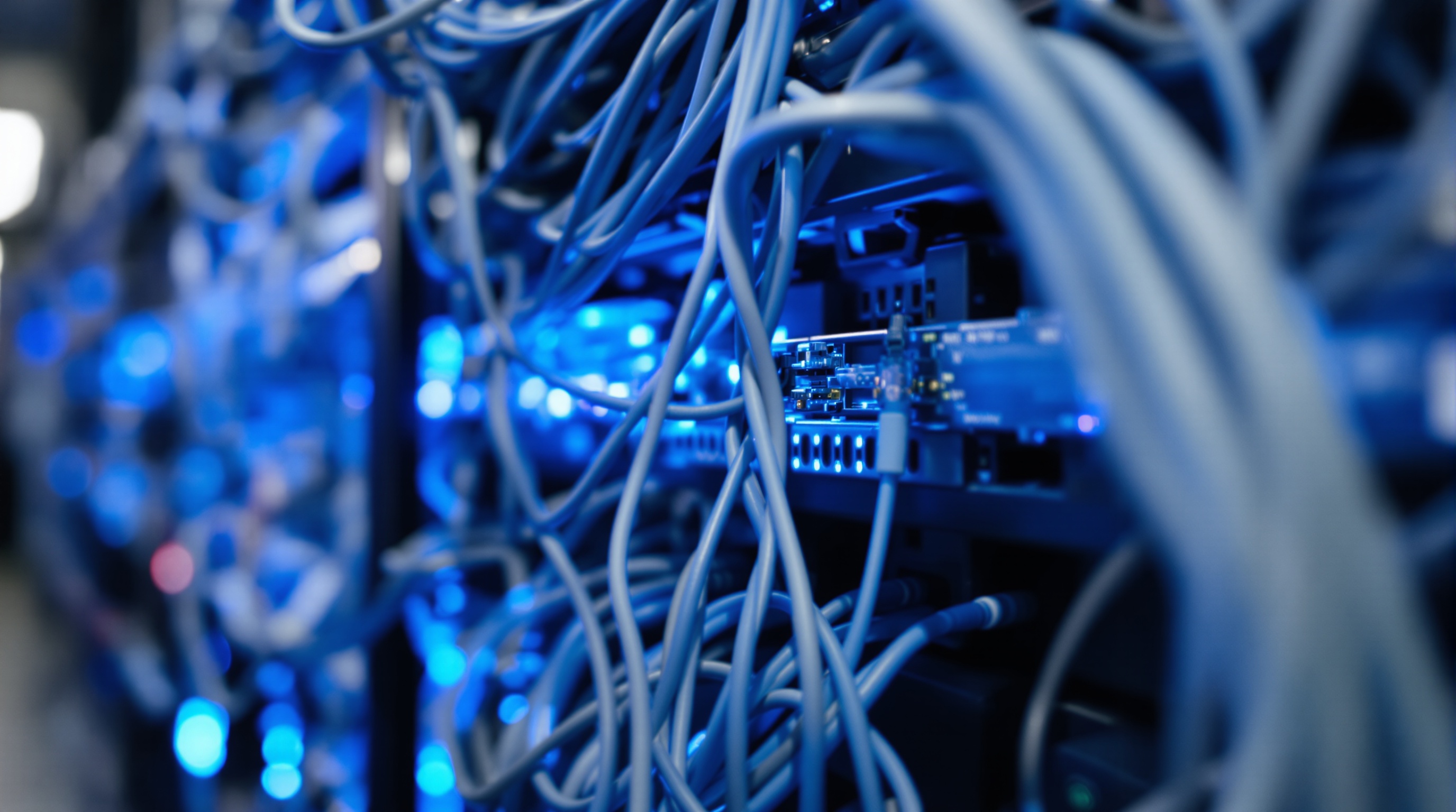 Tangled industrial ethernet cables in a server rack, shallow depth of field on the connector ends, cool blue ambient light, shot on Nikon Z8 with 50mm f/1.2