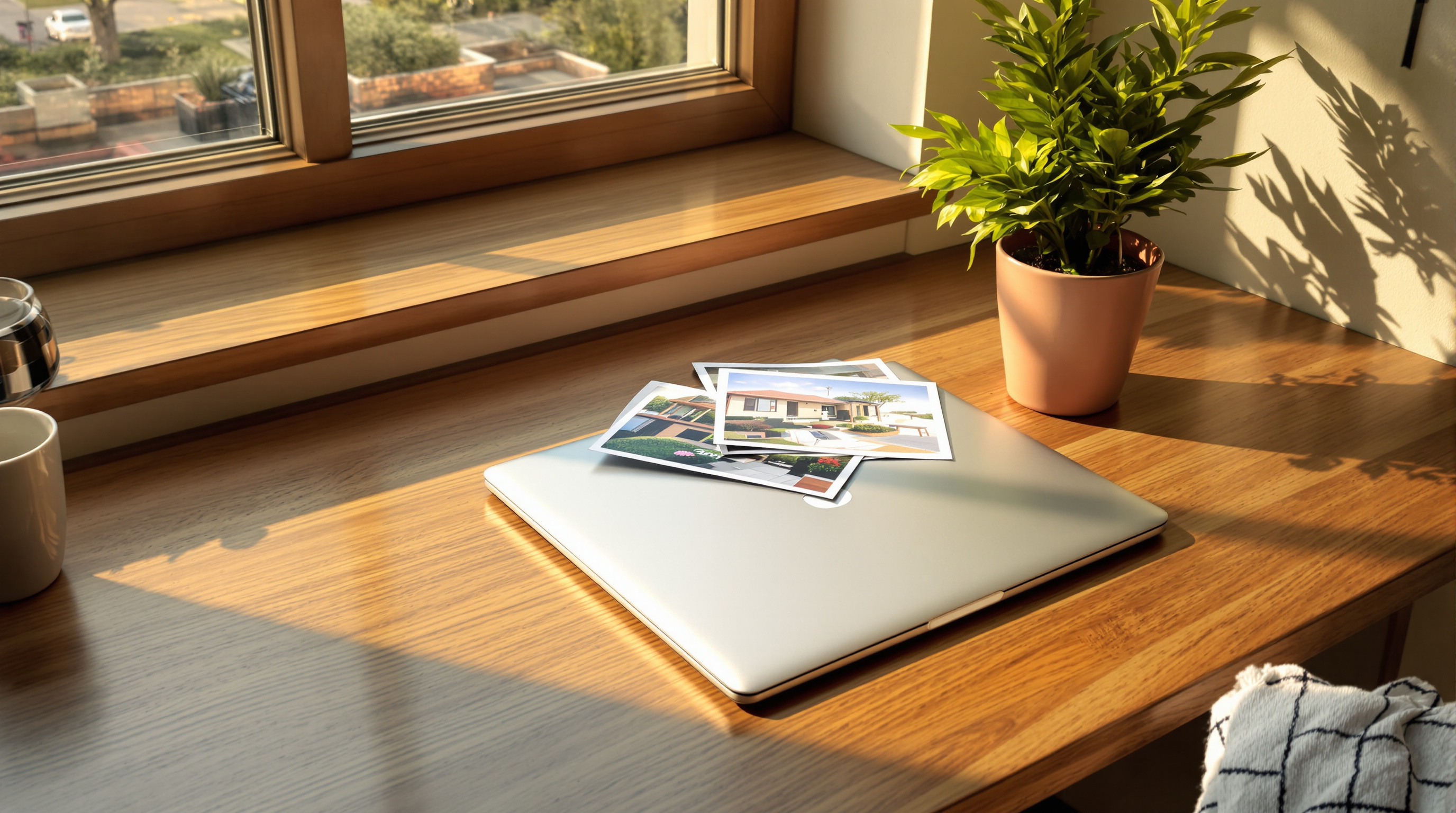 A closed laptop on a sunlit wooden desk by a window, with a few printed photographs resting on its lid and a potted plant beside it
