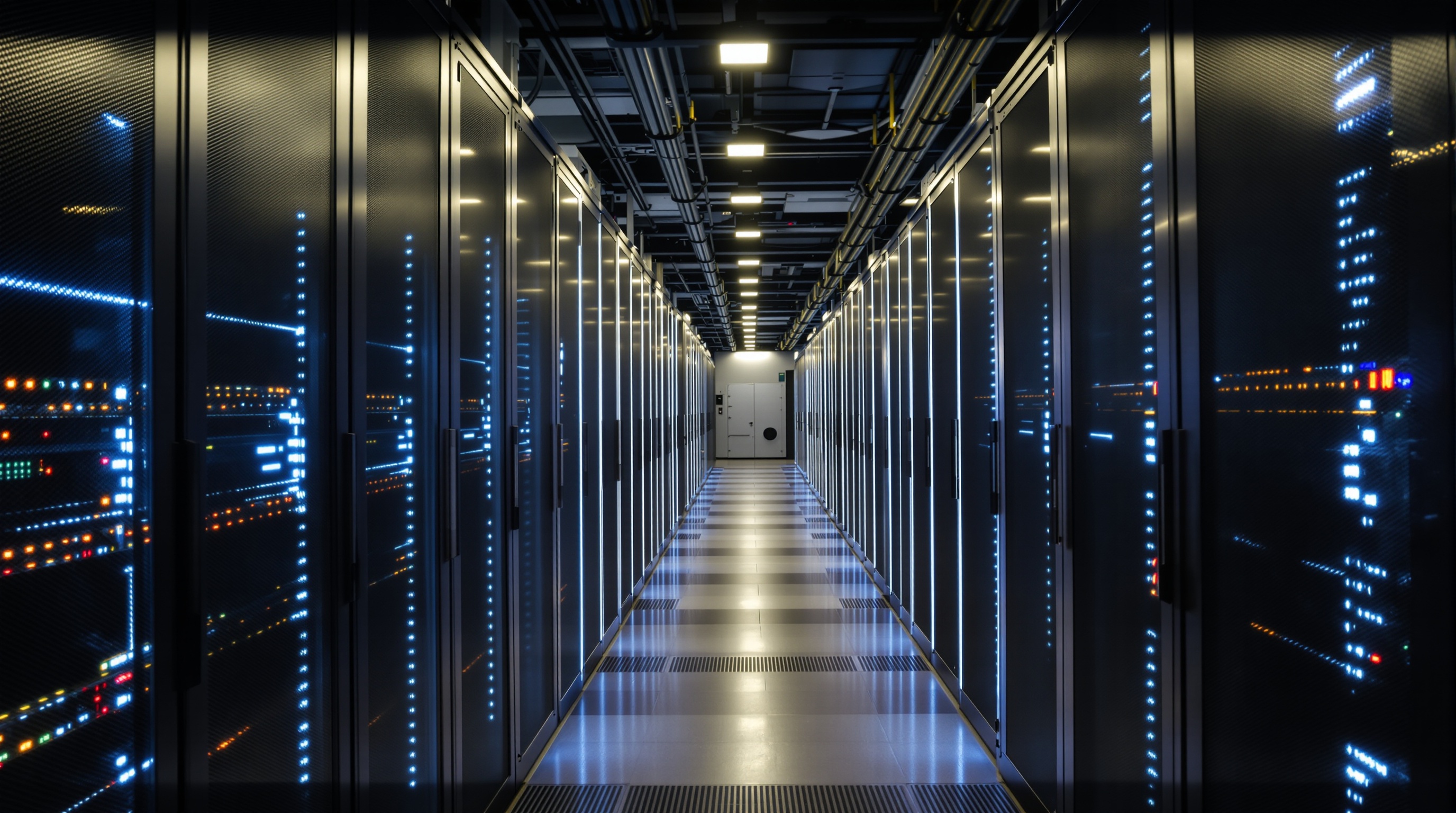 A row of server racks in a data center corridor illuminated by cool blue LED lighting, shot with a wide-angle lens