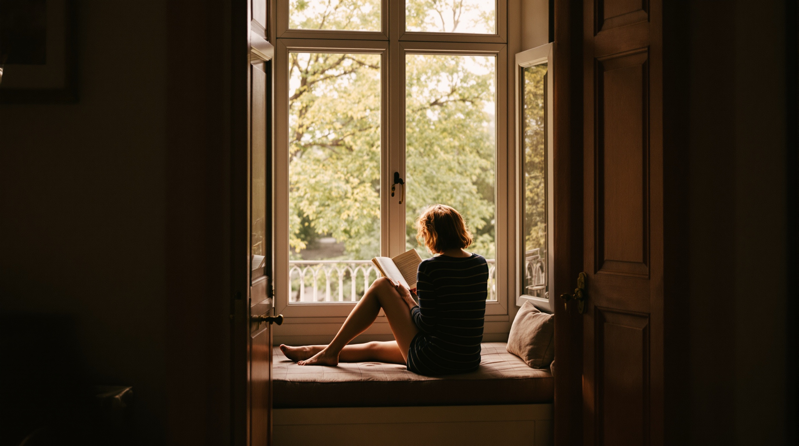 A person sitting in a cozy window seat reading a book, seen from behind through a doorway, warm afternoon light, shallow depth of field f/2.0, slightly desaturated tones with warm highlights, shot on Sony A7III with 85mm f/1.4, subtle film grain
