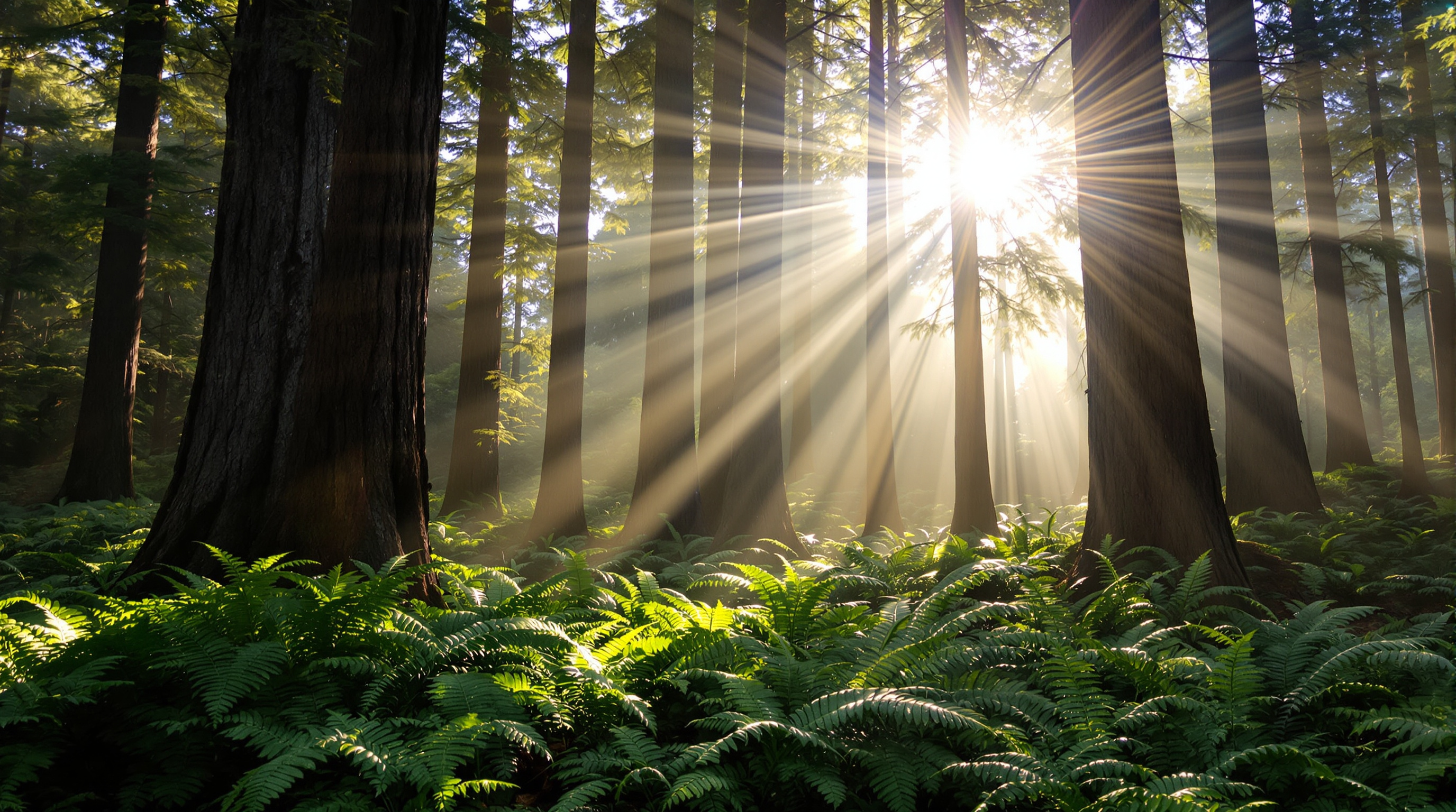 Sunbeams falling through tall redwood trees onto ferns