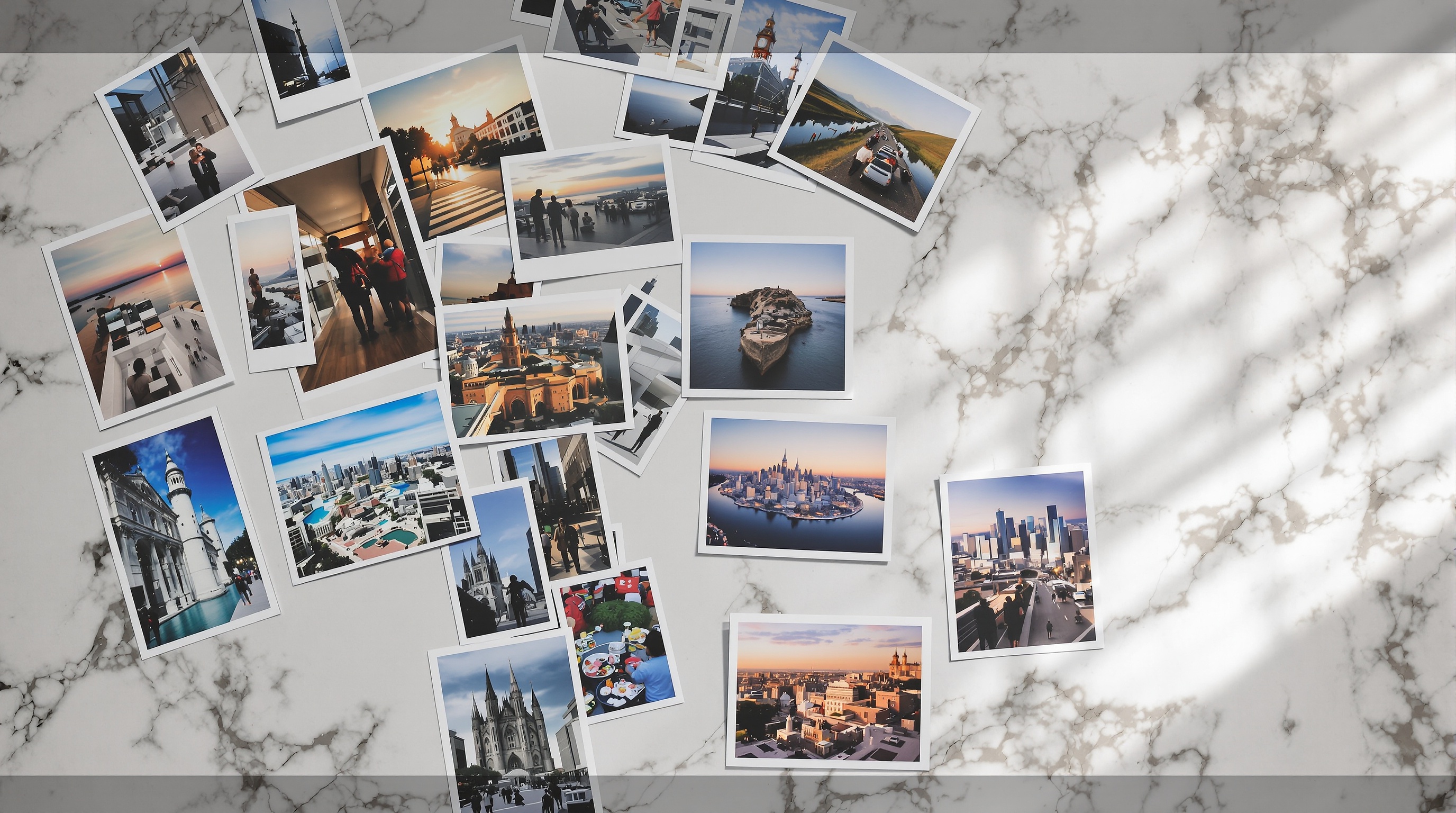 An overhead flat lay of scattered printed photographs on a white marble surface, some face-up showing landscapes and cityscapes, natural soft light, shot on Sony A7IV with 24mm f/2.8, clean flat composition, slightly warm tones