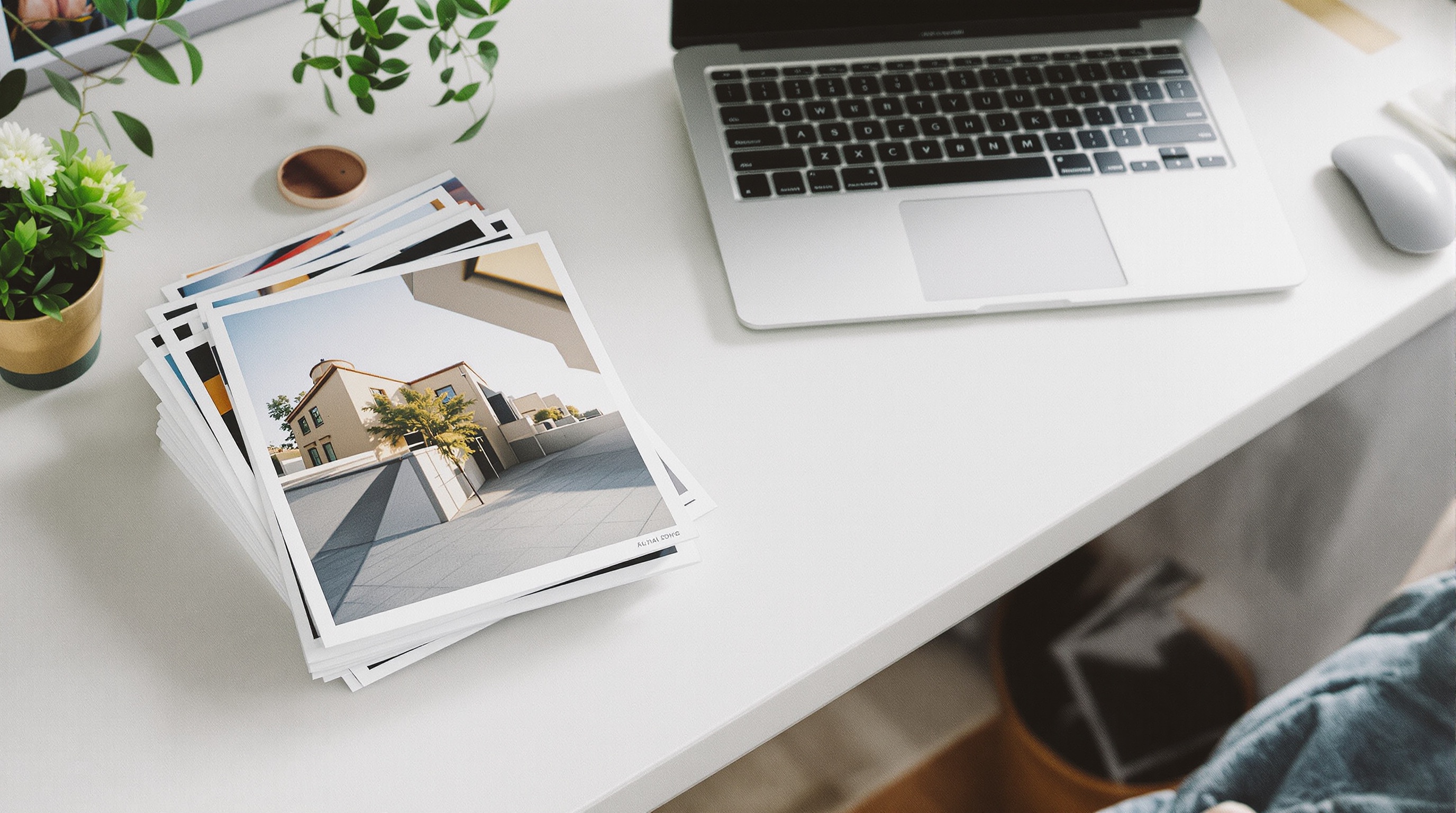 A stack of printed photographs next to an open laptop on a clean white desk, soft diffused daylight, minimal composition, analog warmth