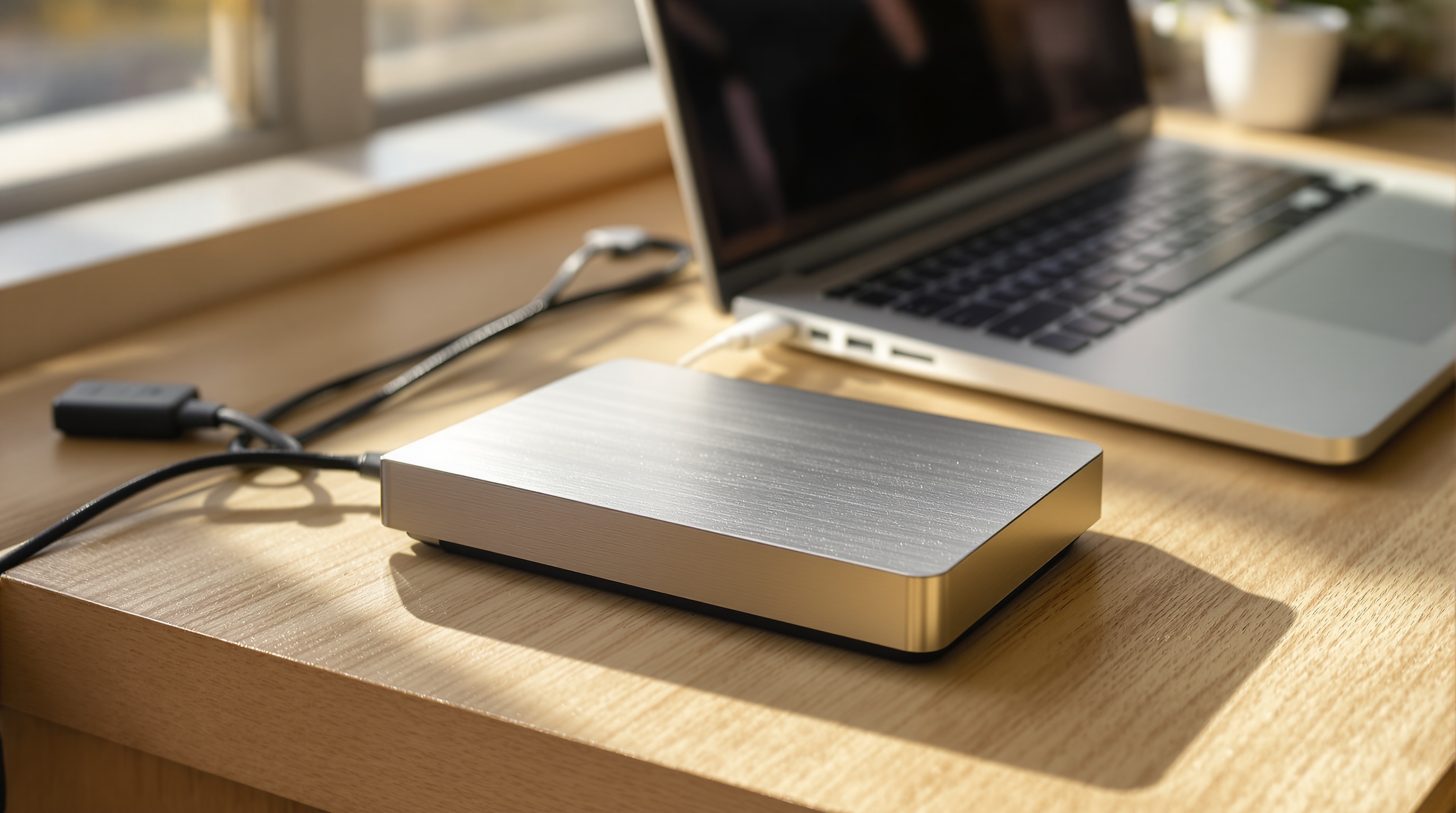 An external hard drive sitting on a wooden desk next to a laptop, cable plugged in, warm afternoon light from a window, shallow depth of field with bokeh, Fujifilm color science