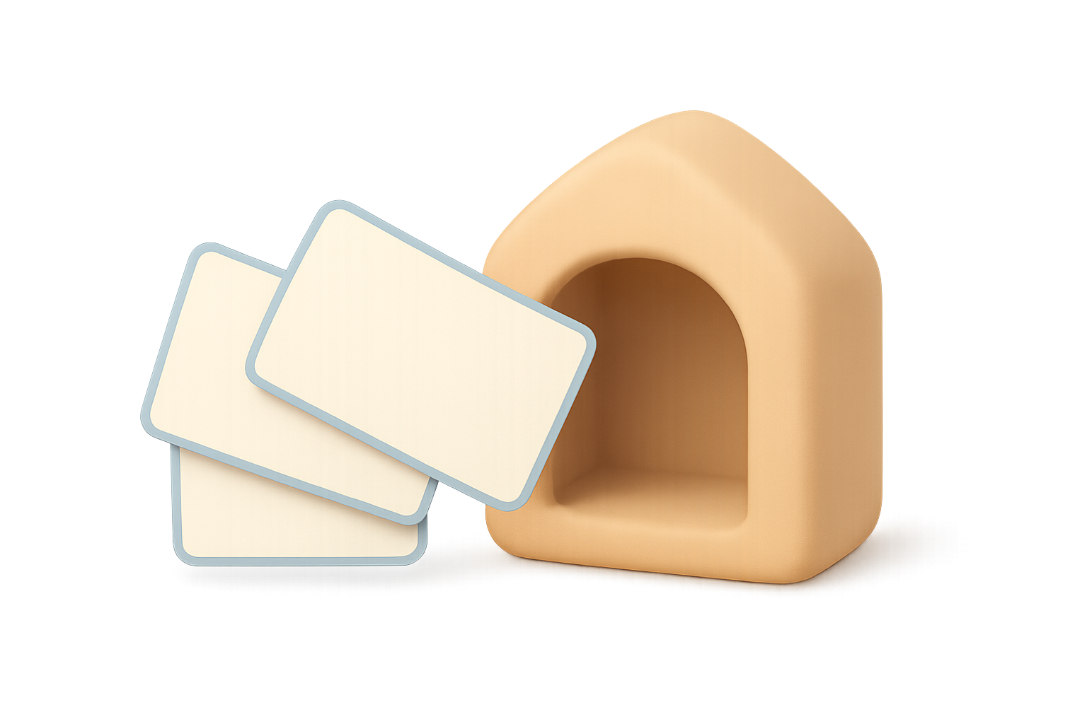 Matte three-dimensional illustration of three blank cream photo cards gliding into a small sand-colored house