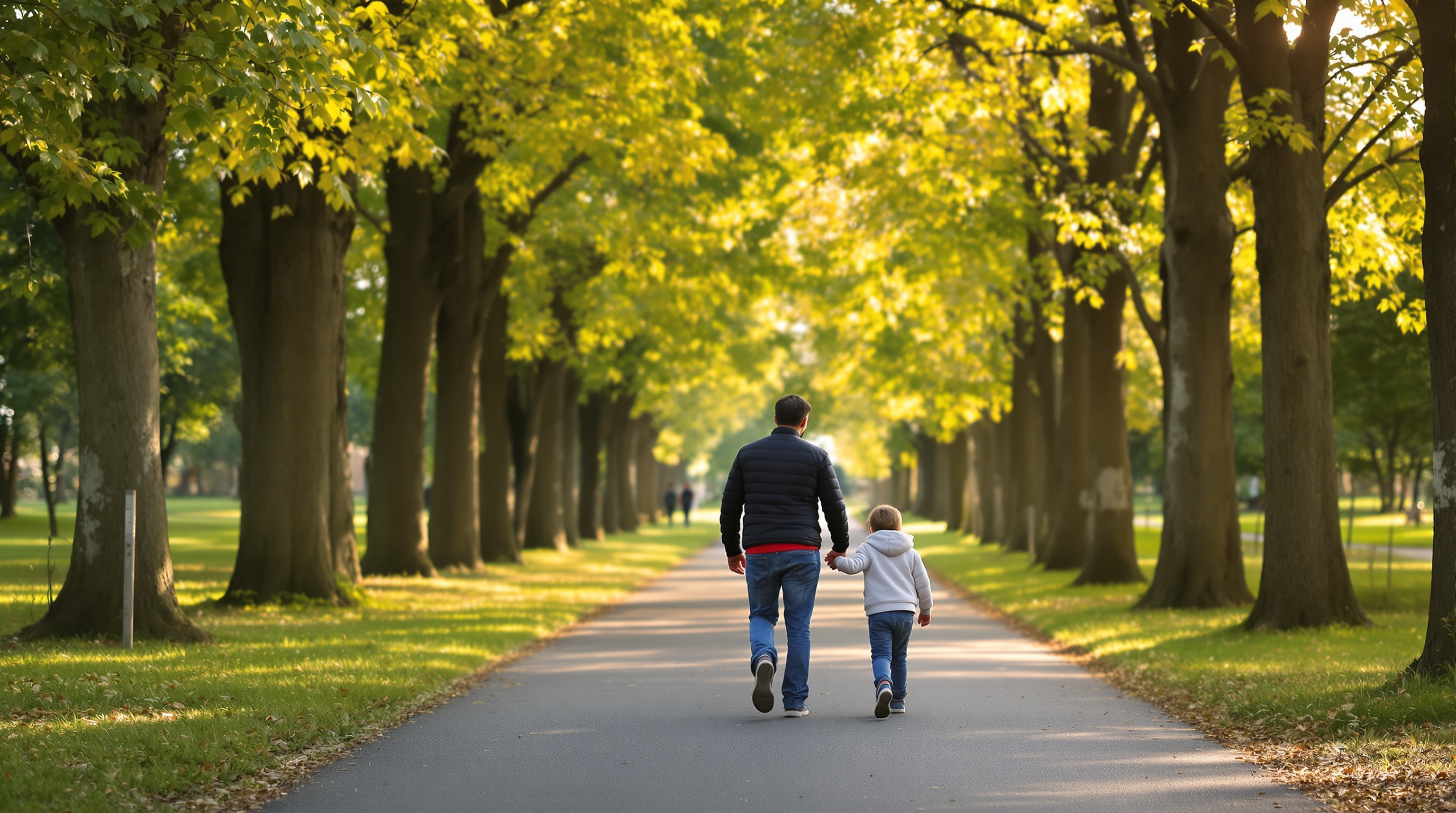 Parent and child walking through a park path lined with trees, seen from behind, late afternoon light filtering through leaves, shot on Sony A7IV with 85mm f/1.8, warm golden tones, shallow depth of field