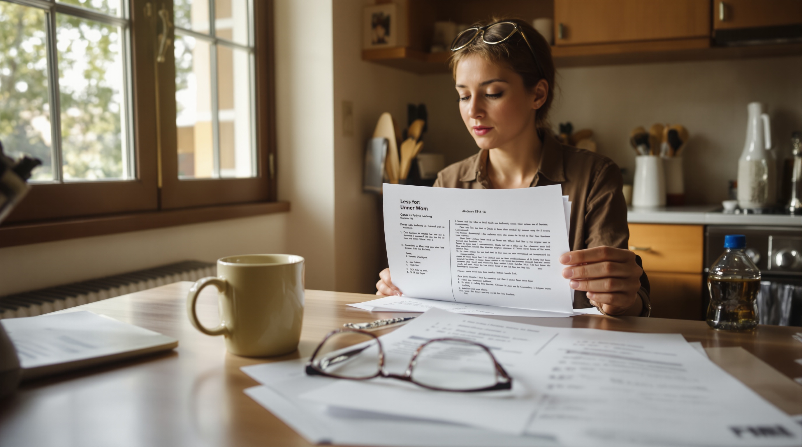 Person sitting at a table by a window reviewing travel documents, warm afternoon light, shot on Canon R5 with 50mm f/1.4, soft bokeh background, neutral tones