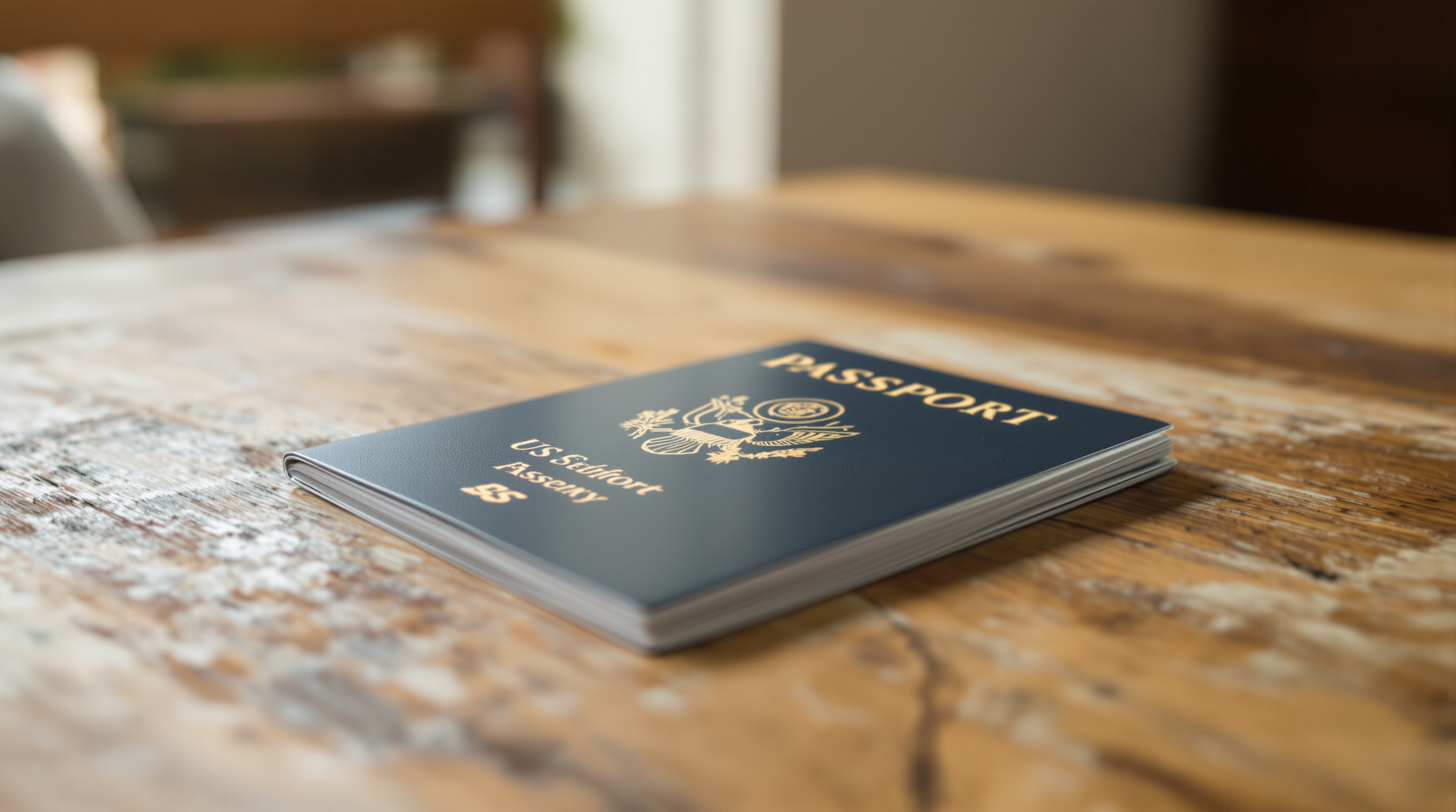 Close-up of a US passport lying on a wooden surface, natural window light, shot on Fujifilm X-T5 with 60mm macro, shallow depth of field, muted warm tones