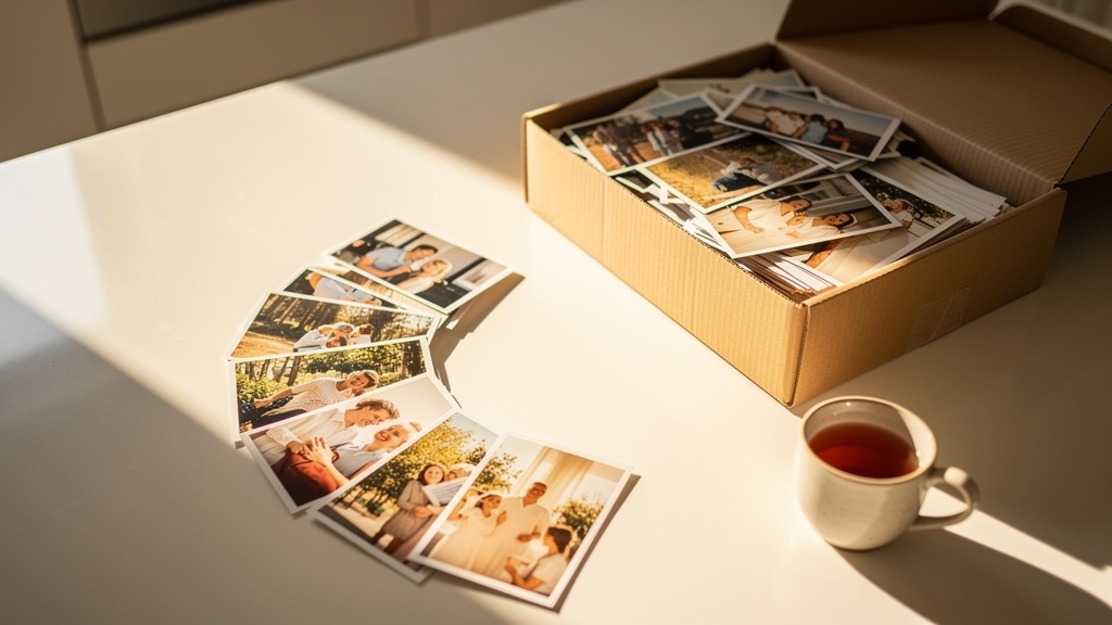 An open shoebox of printed photographs on a kitchen table, with a few prints laid out in a neat row beside it