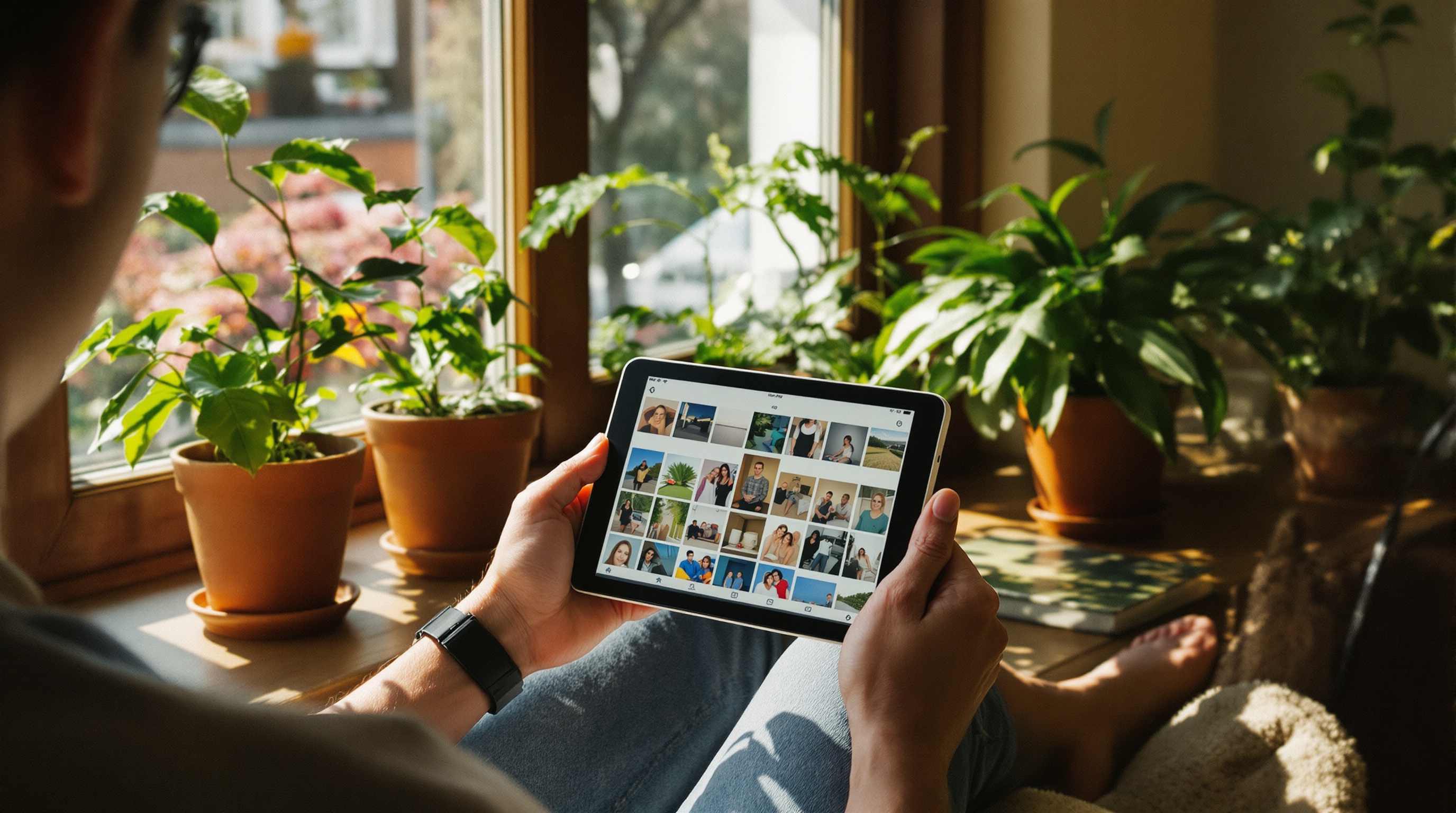 Person scrolling through a photo gallery on a tablet in a sunlit living room, warm natural lighting, shot on Sony A7IV with 35mm f/1.8, soft bokeh background