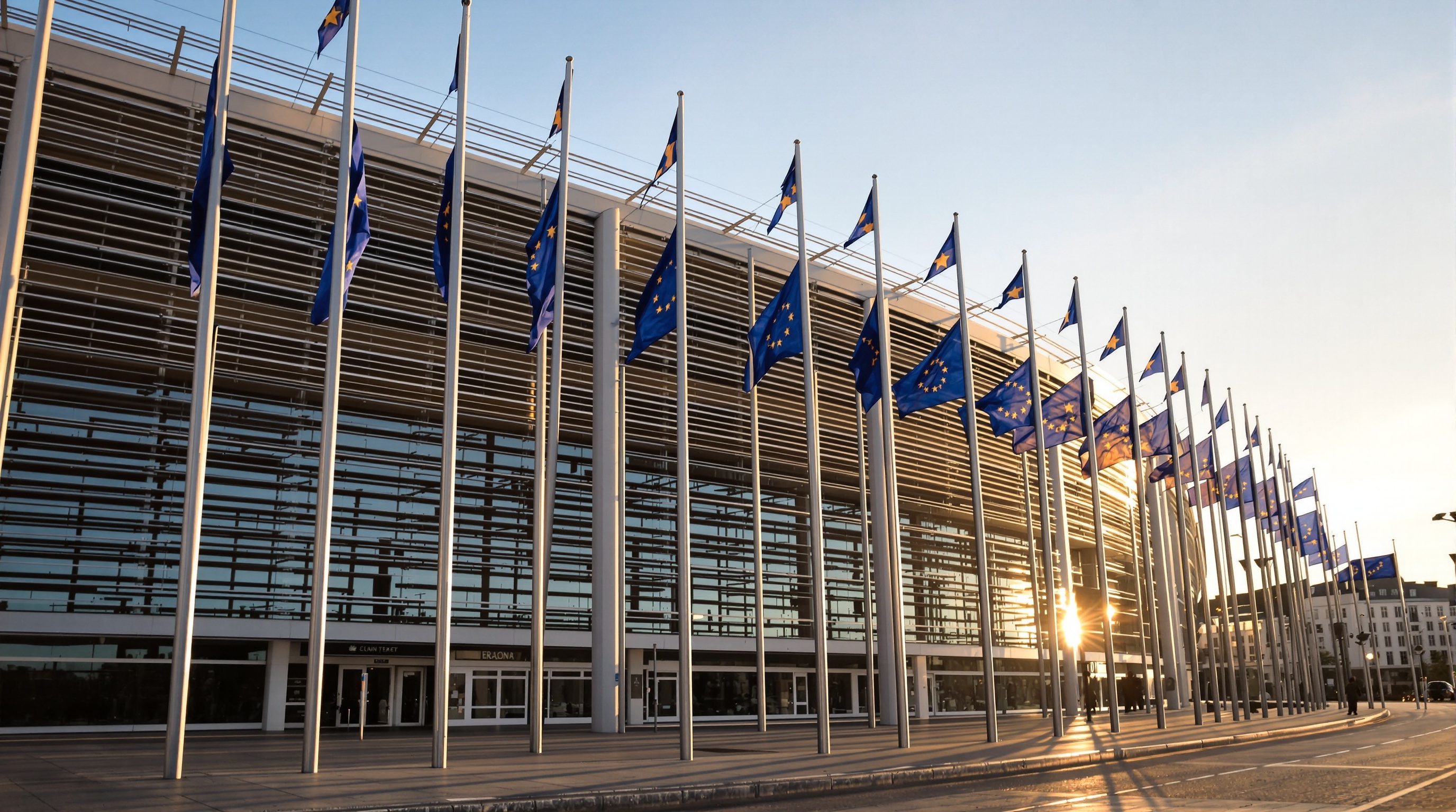 European Union flag waving against a clear blue sky, shot from below with dramatic perspective, natural daylight, vivid blue and gold tones