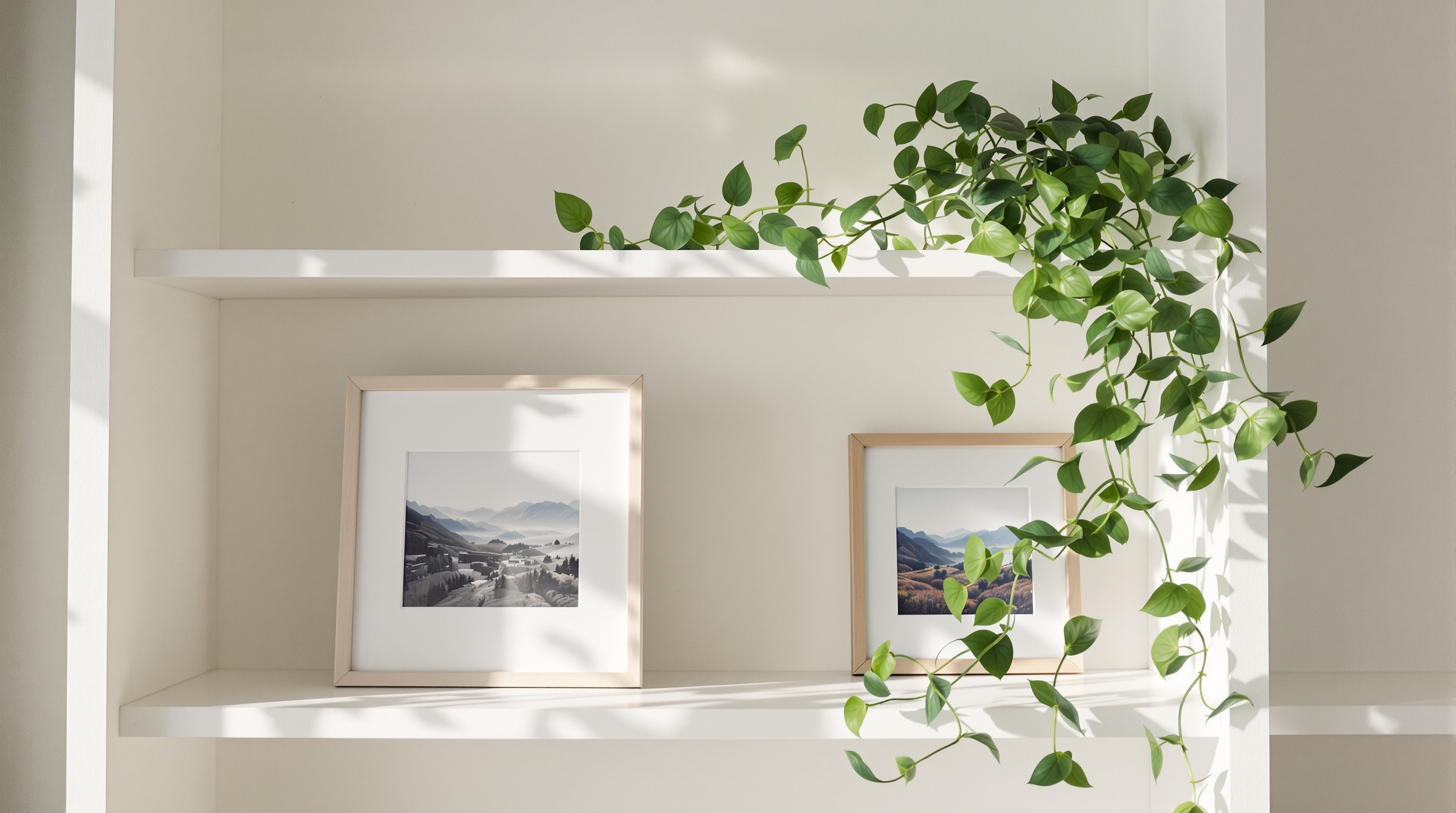 A tidy bookshelf with framed photographs and plants in soft afternoon light
