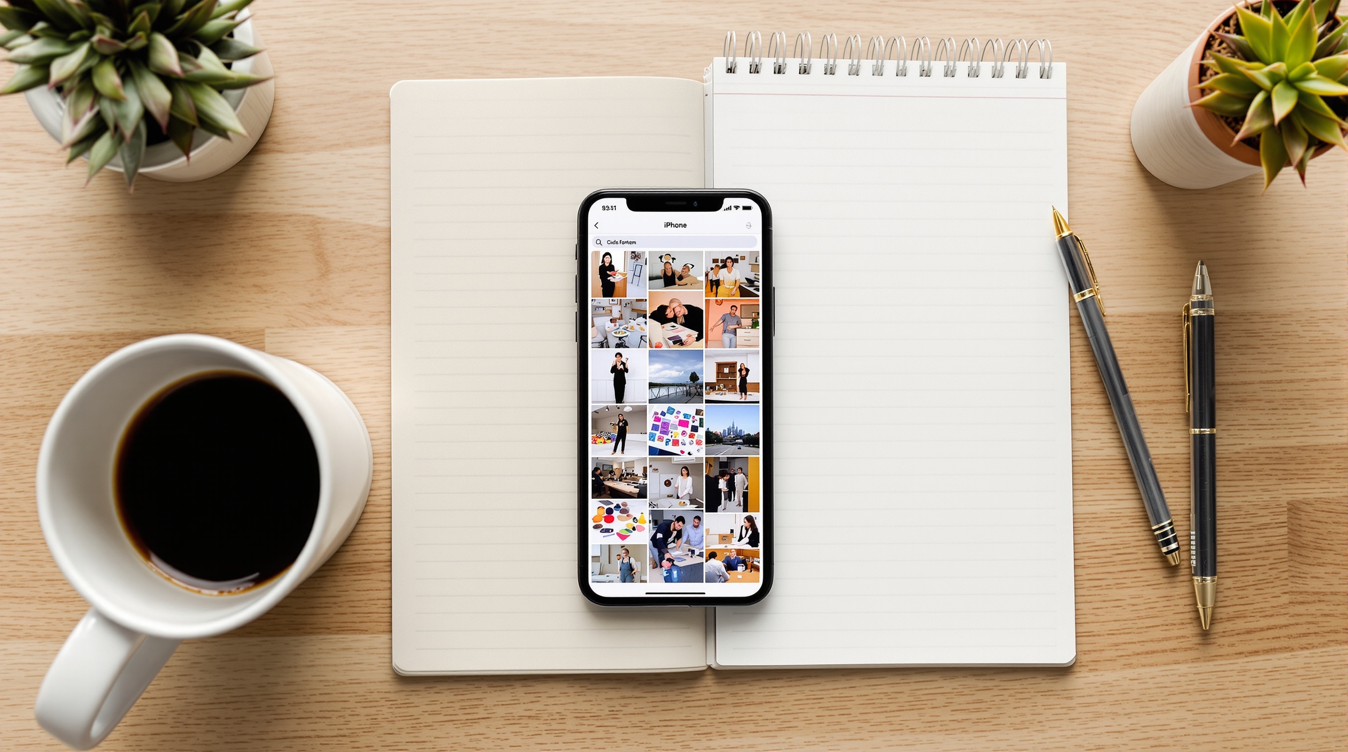 Overhead view of a desk with a phone showing a photo grid next to a cup of coffee and notebook