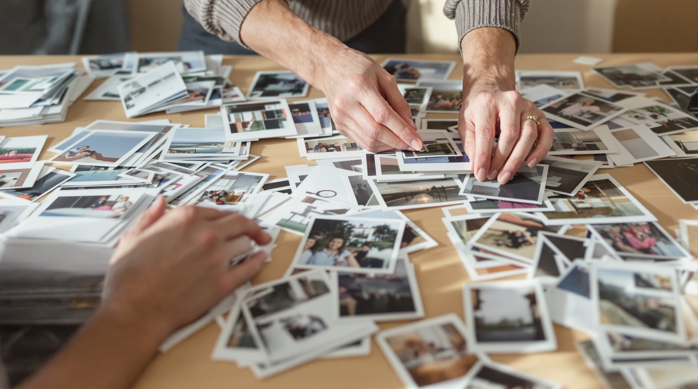 A person sorting printed photographs into organized stacks on a wooden table