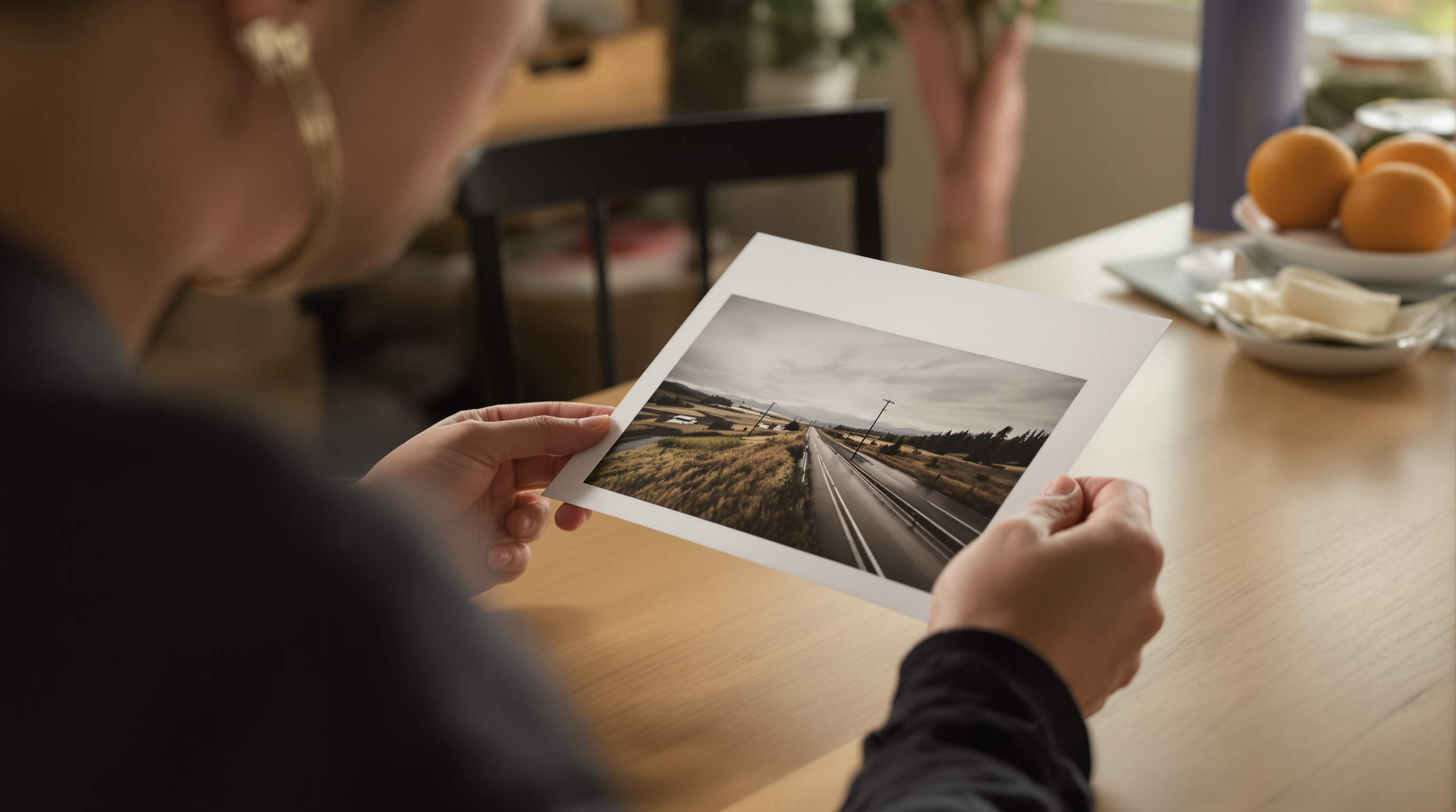 Person holding a stack of printed photographs in both hands, standing in a sunlit doorway, shallow depth of field with warm golden hour light, intimate lifestyle portrait