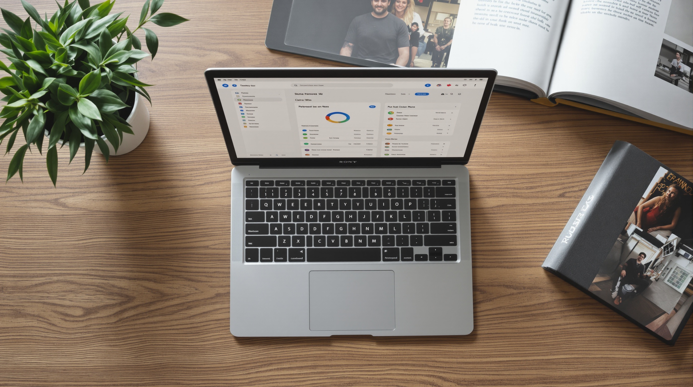 Organized photo albums on a clean wooden desk with a laptop showing a cloud storage dashboard