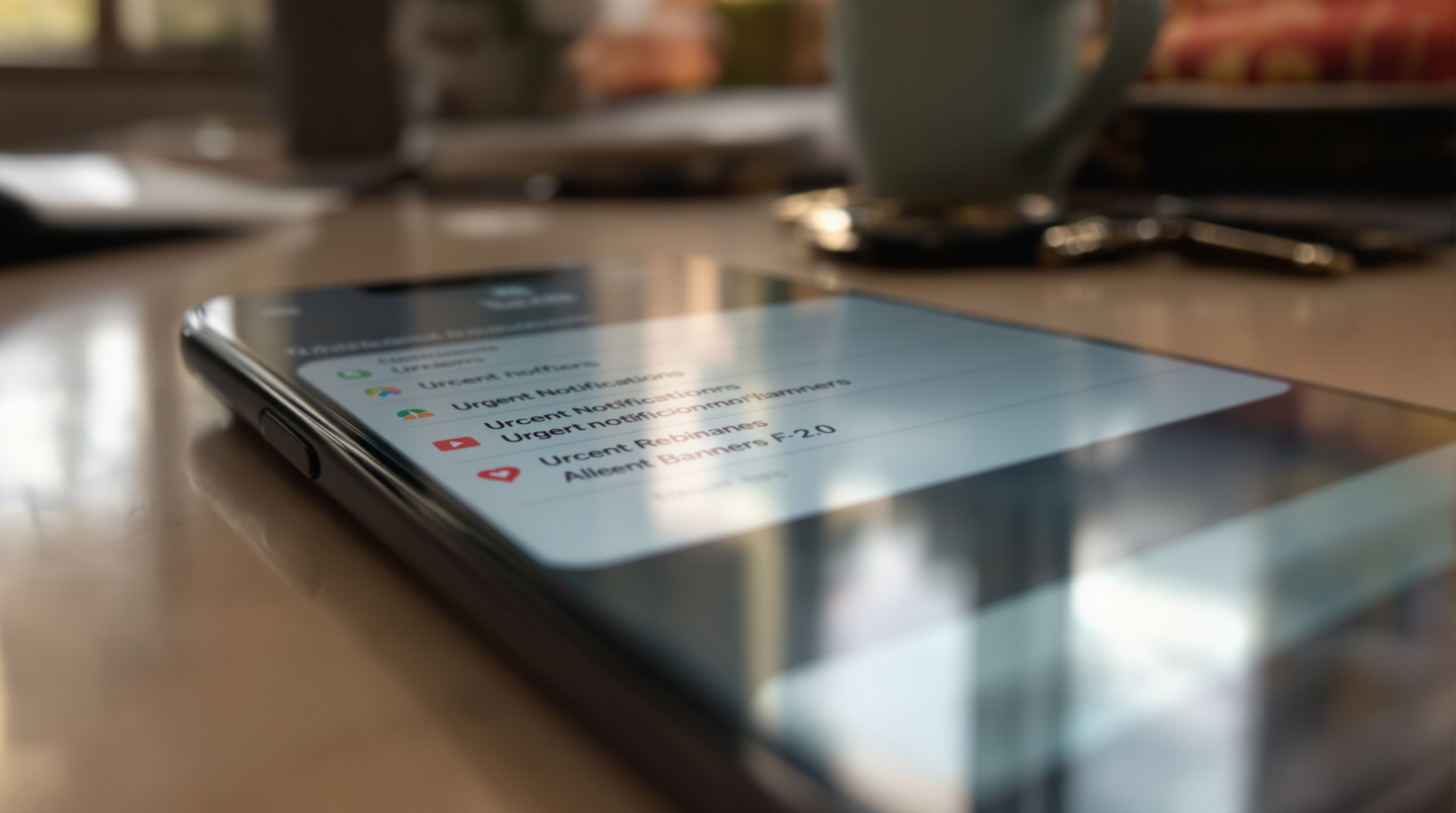 Close-up of a smartphone screen showing notification alerts on a kitchen counter