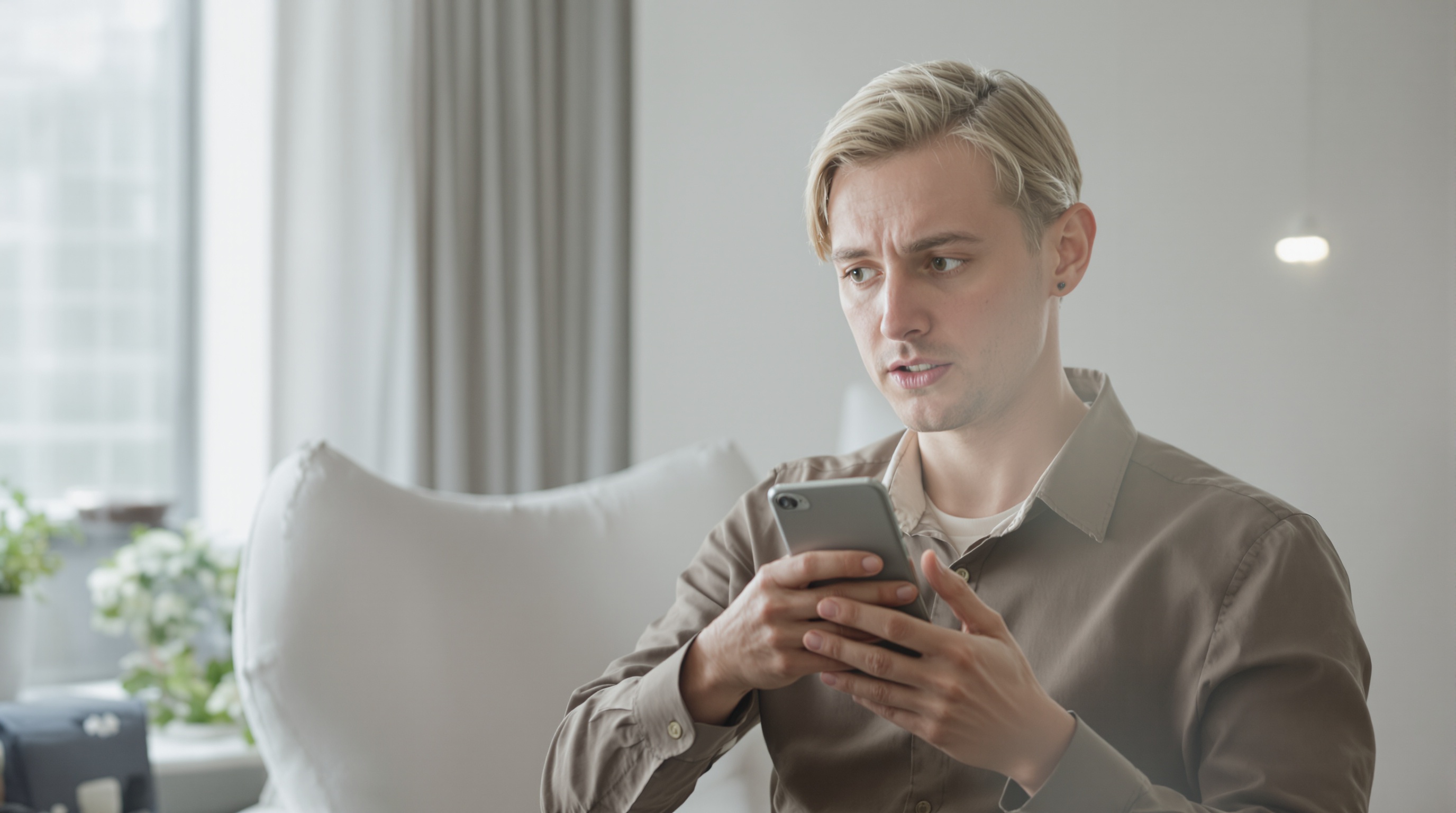 A person holding a smartphone with a worried expression, photographed from the side in natural light