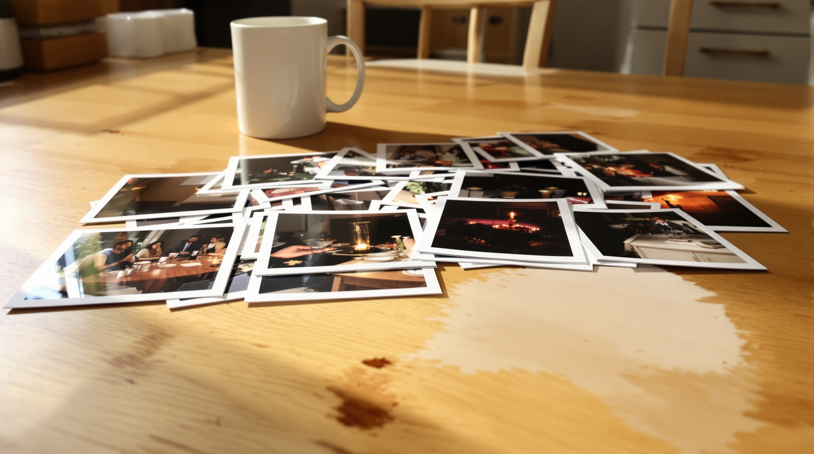 A wide kitchen table the morning after a party, covered with overlapping printed photographs that several different people have added to the pile