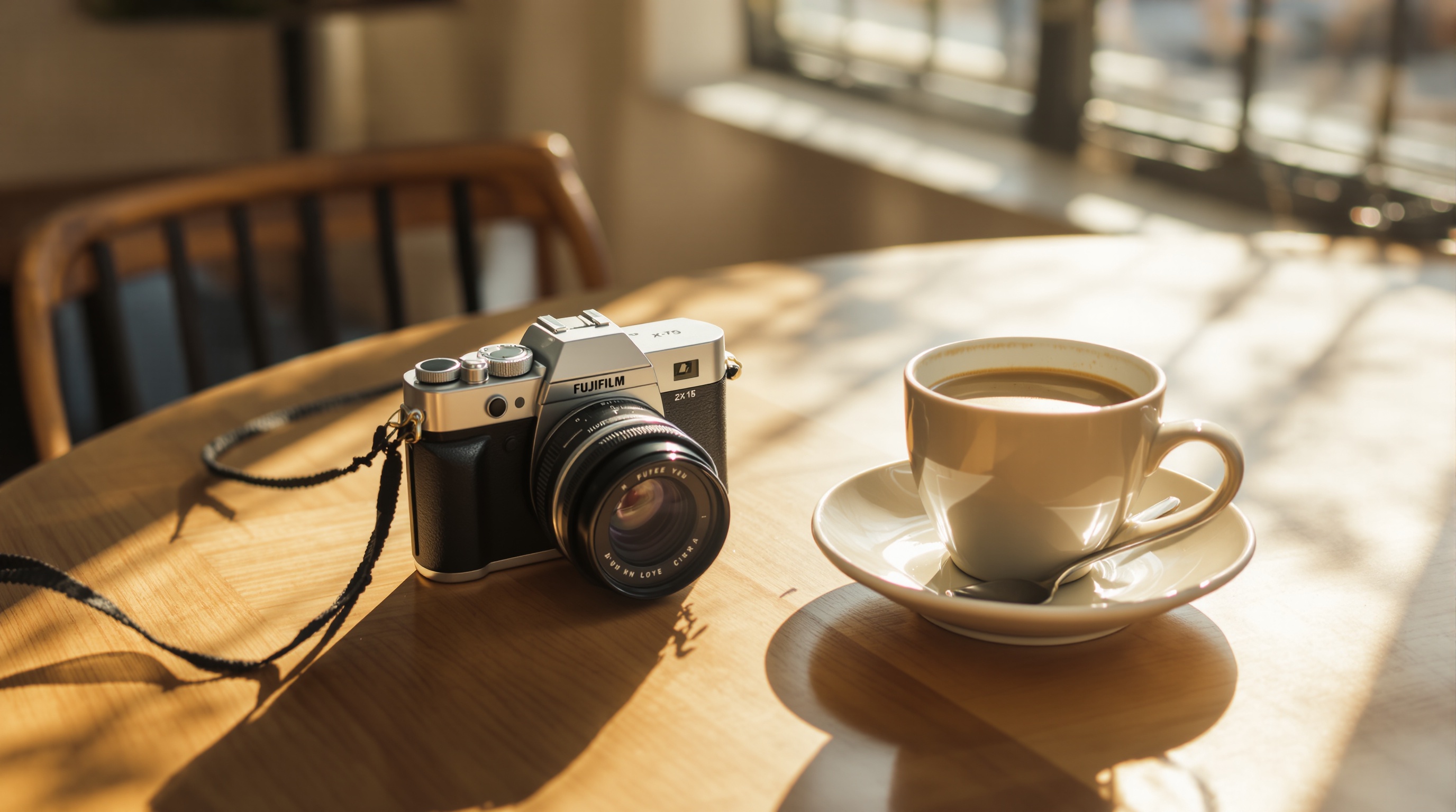 A compact digital camera sitting on a wooden cafe table next to a latte, warm afternoon light through a window