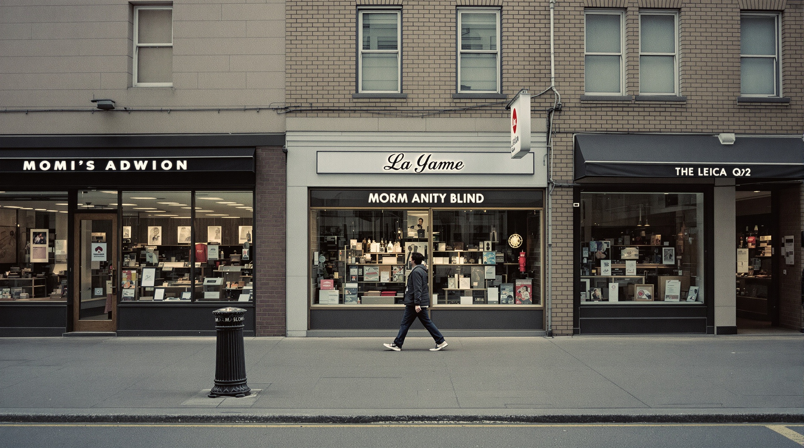 Person walking past shop windows on a quiet downtown street, seen from behind at a distance, natural overcast light, environmental street photography style