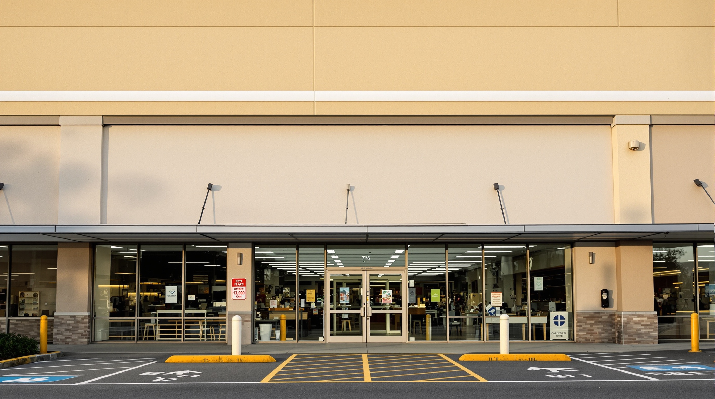 Retail store entrance with glass doors and overhead lighting, shot at eye level from the parking lot, late afternoon golden light, subtle film grain
