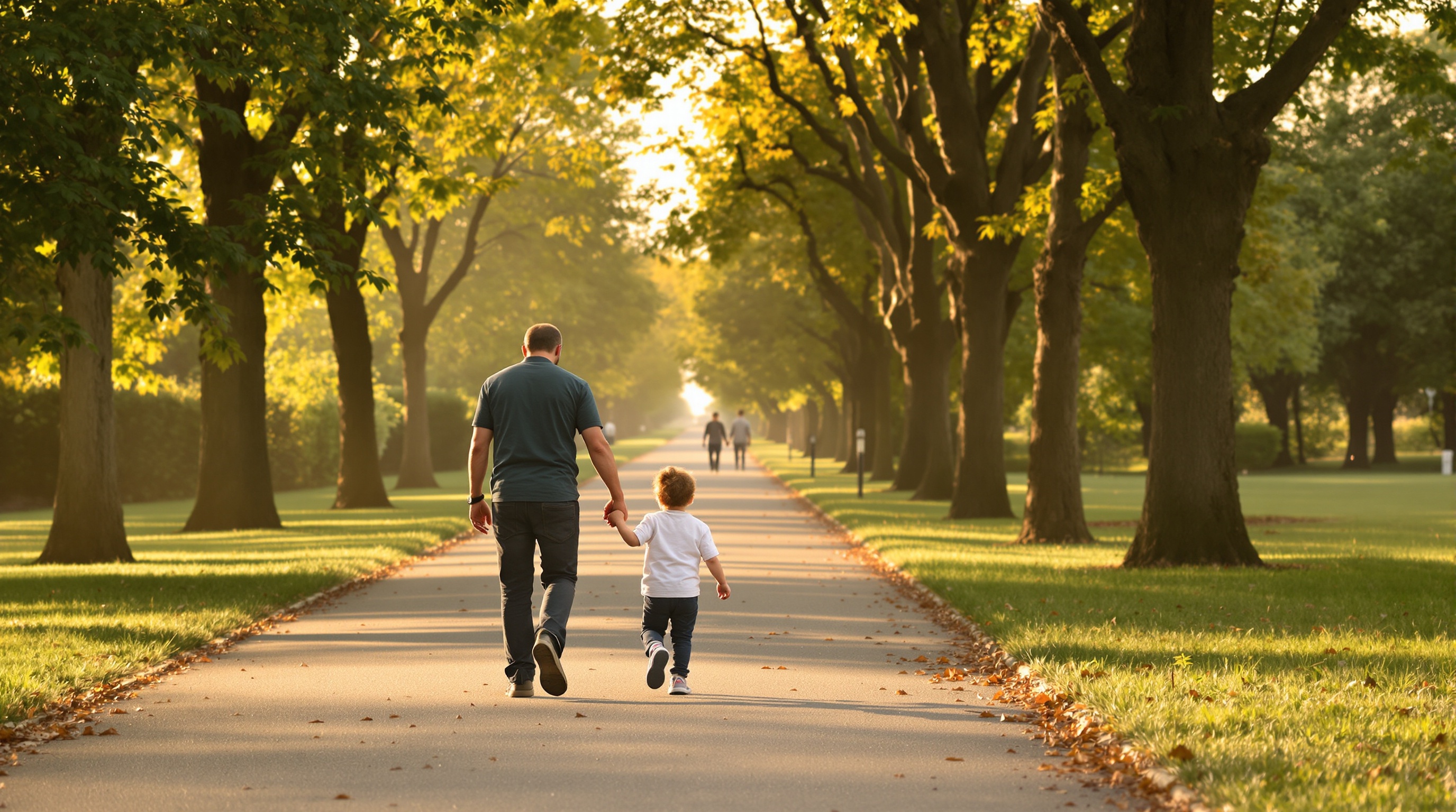 Parent and young child walking hand in hand through a tree-lined park path at golden hour