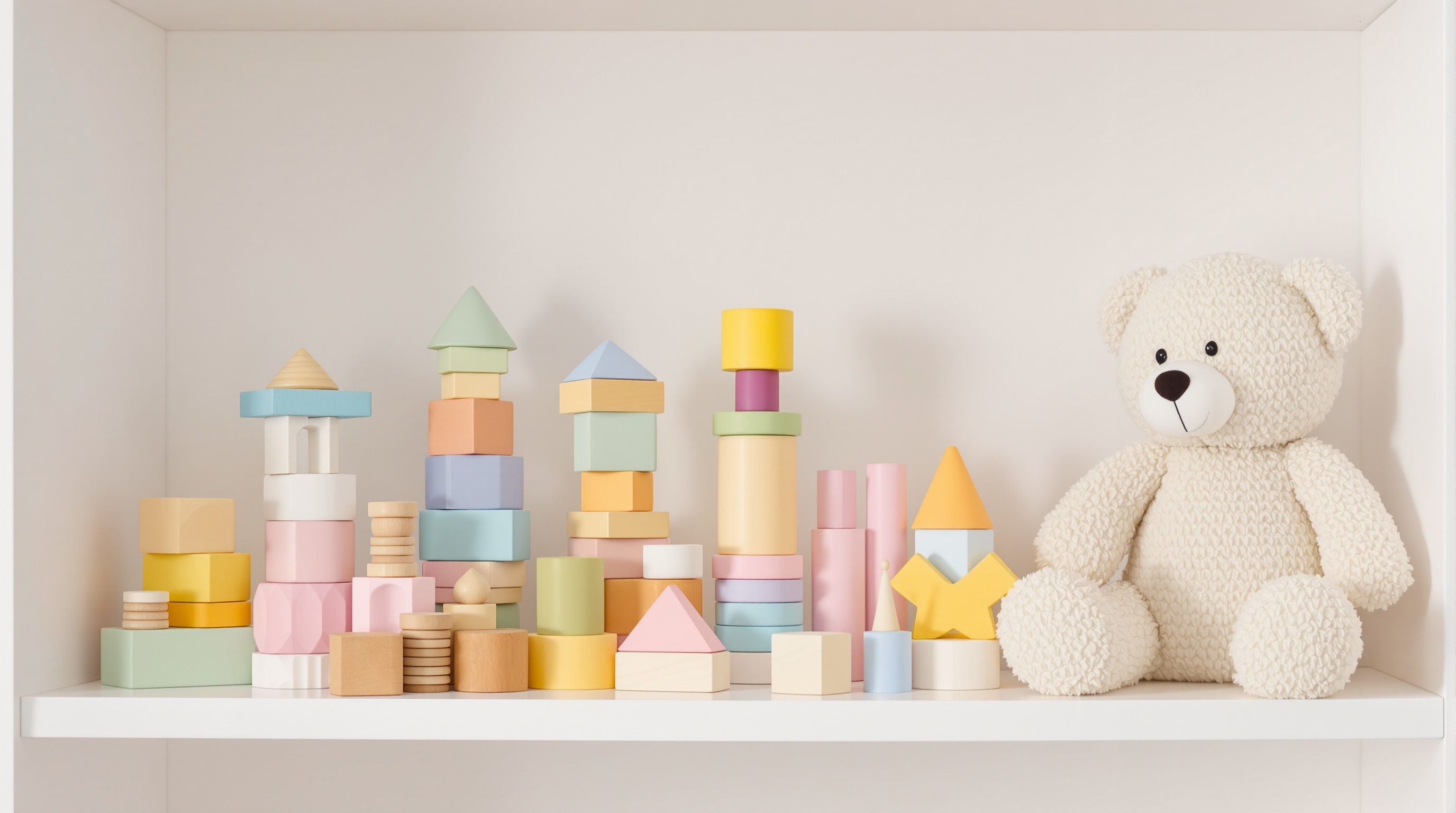 Colorful building blocks and stuffed animals arranged on a nursery shelf in soft natural light