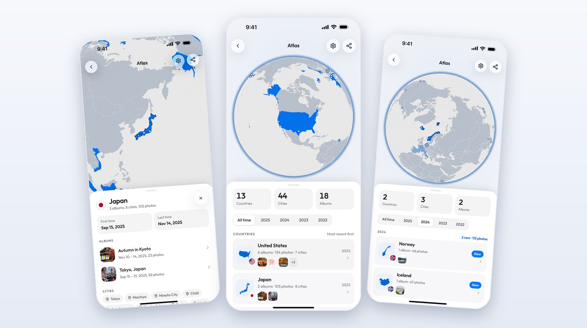 Three Atlas screens from Viallo's demo account on phones: Japan opened from the country list with its albums and cities, the Atlas in front with the globe turned to North America and the tiles 13 Countries, 44 Cities and 18 Albums, and the year 2024 with Norway and Iceland marked New