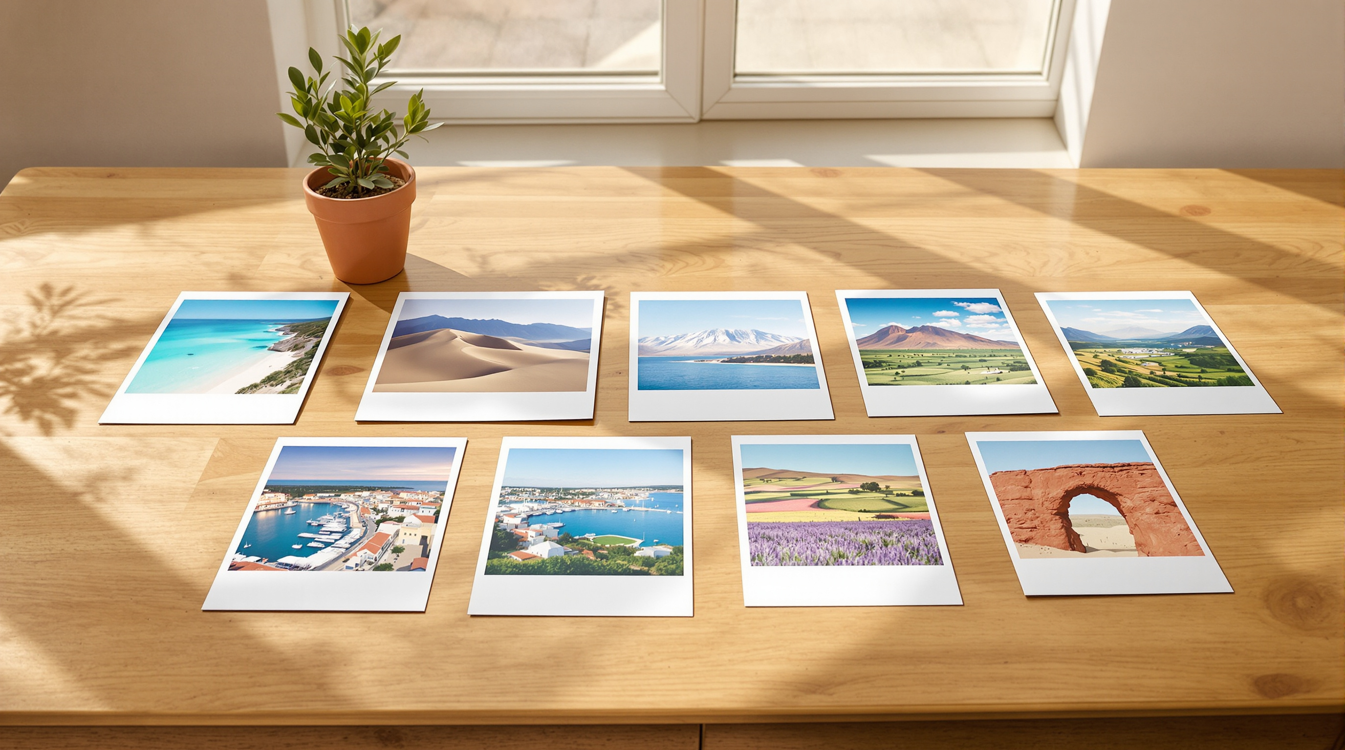 Nine travel prints in two rows on a sunlit oak table, a turquoise beach, desert dunes, snowy mountains over a lake, a harbor town, lavender fields and a red rock arch among them, beside a small potted plant