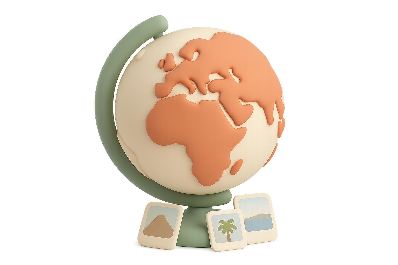 Illustration of a cream globe on a sage-green stand with the continents raised in terracotta and three small photo prints leaning against its base, in a matte rounded style