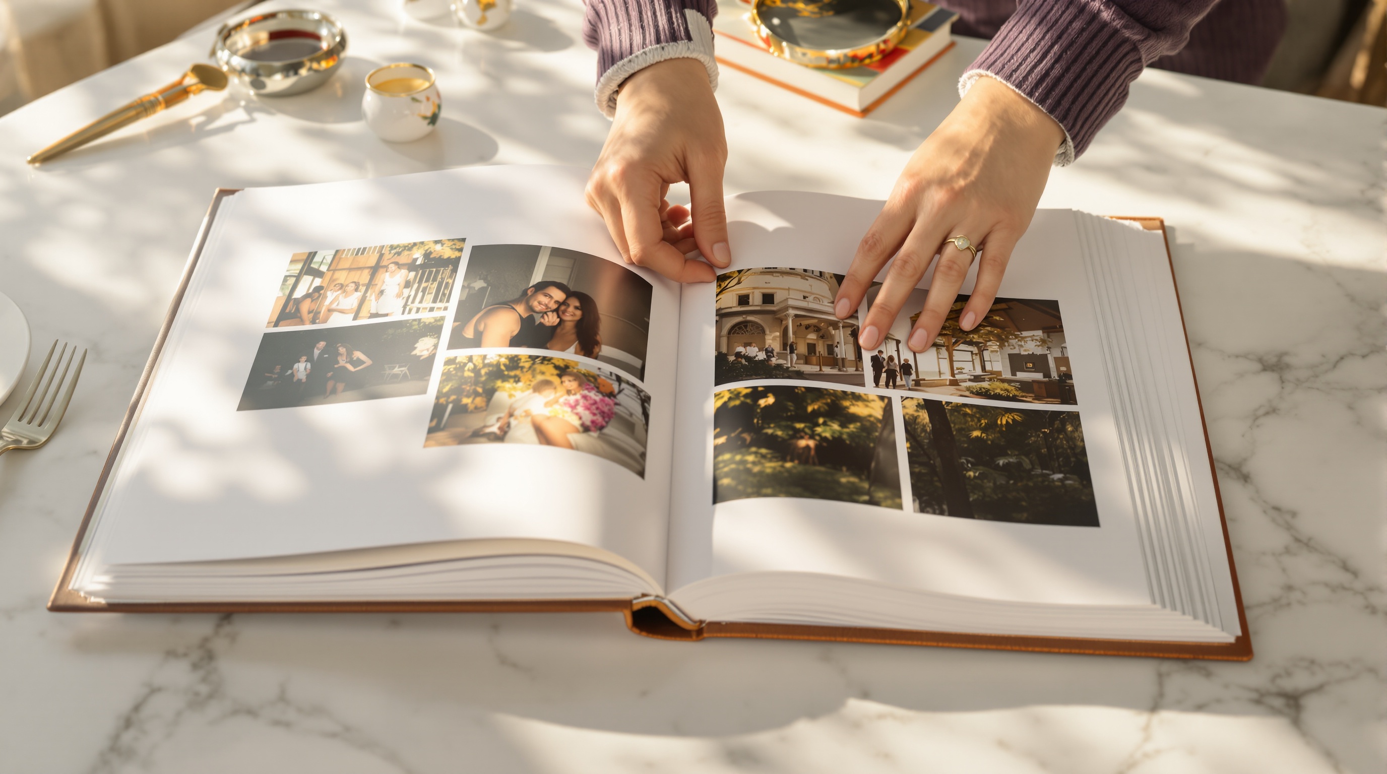 Hands arranging photo prints into a leather photo album on a clean white desk, warm afternoon light