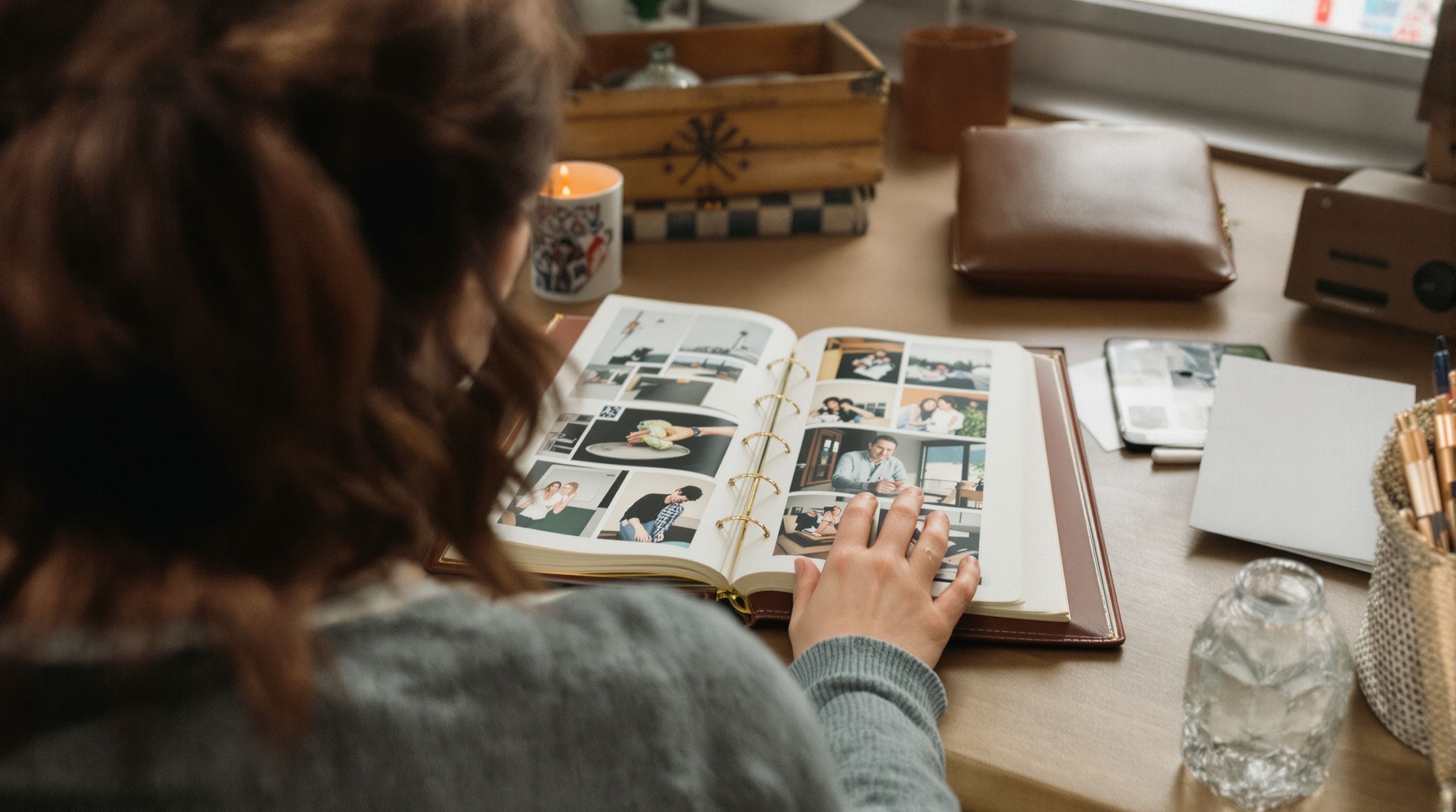 A person holding a smartphone displaying a private photo album with a lock icon, standing near a window
